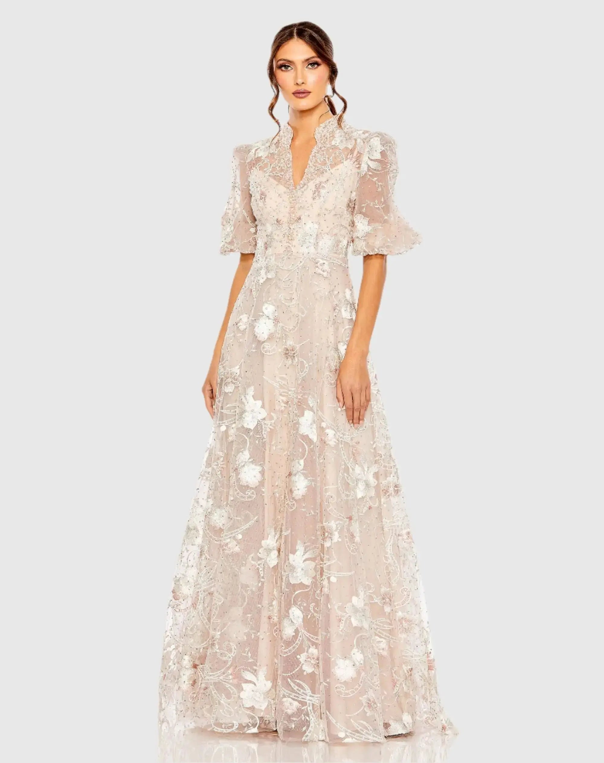 Petite Pink Queen Anne Puff Sleeve A-Line Gown | Mac Duggal