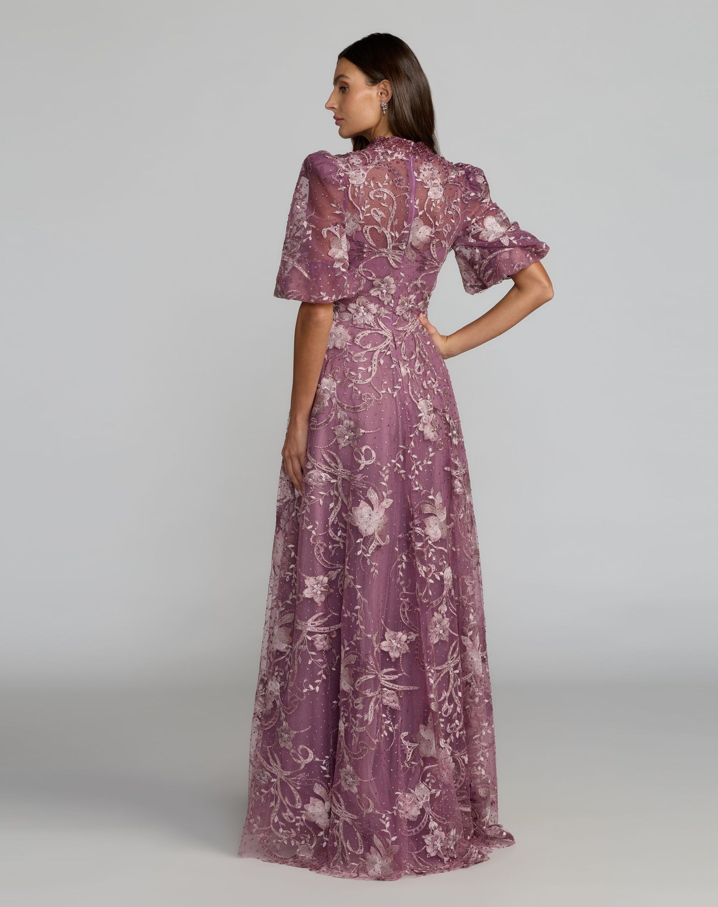 Petite Purple Queen Anne Puff Sleeve Embroidered A-Line Gown - Mac Duggal