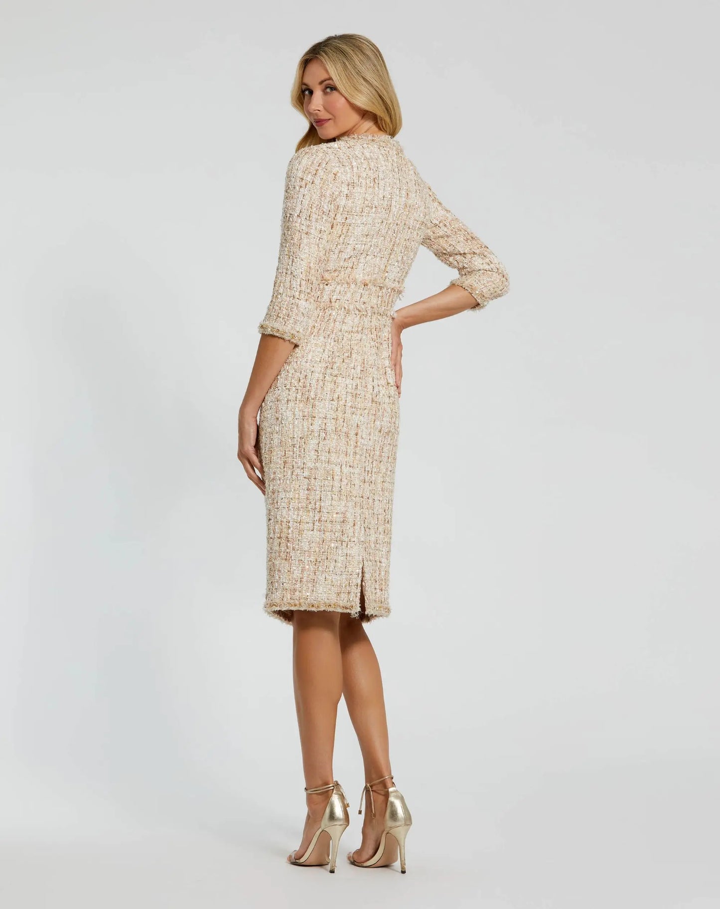 Petite Beige 3/4 Sleeve Beaded Trim Boucle Midi Dress - Mac Duggal