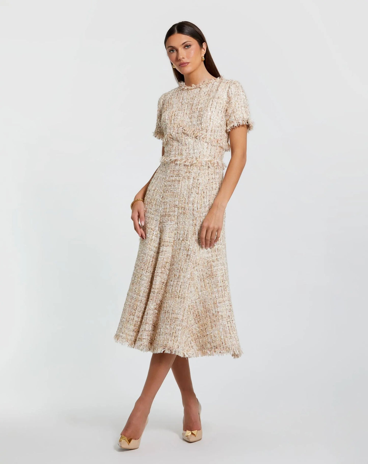 Petite Beige Boucle Short Sleeve A Line Midi Dress Mac Duggal