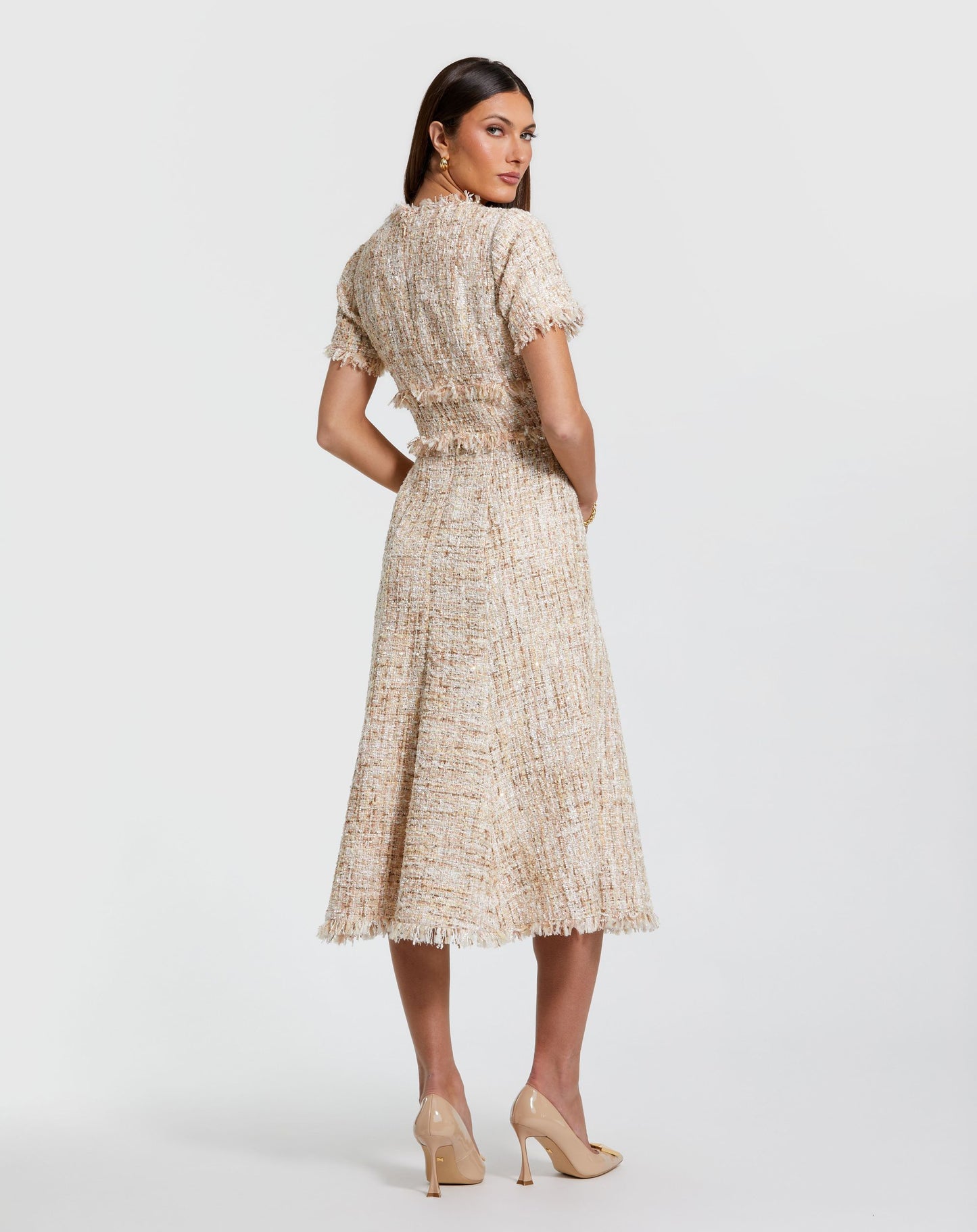 Petite Beige Boucle Short Sleeve A Line Midi Dress