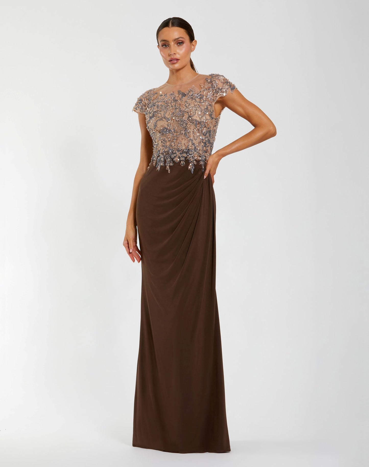 Petite Brown High Neck Embellished Jersey Gown - Mac Duggal