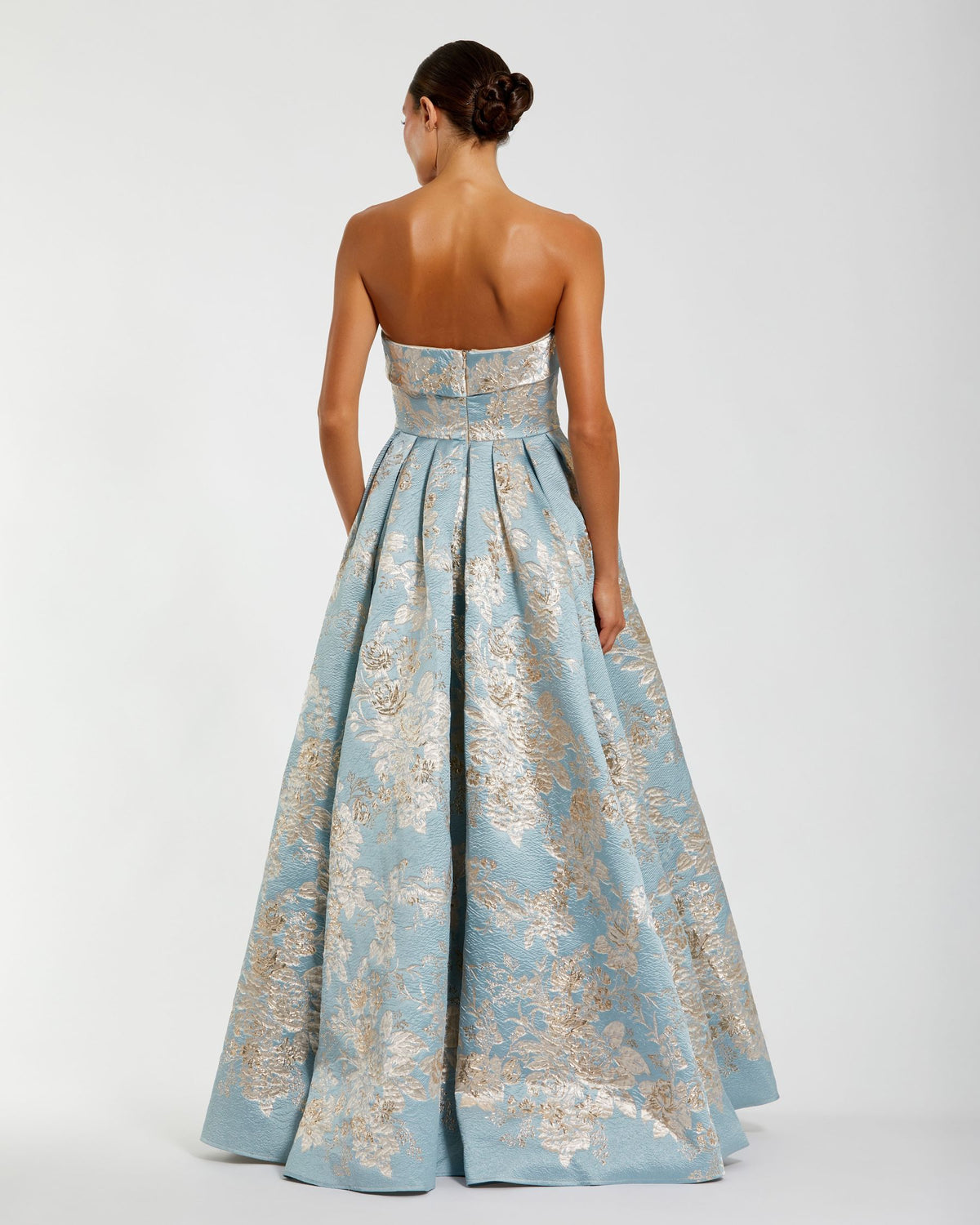 Petite Blue Multi Strapless Brocade Ball Gown with Pockets - Mac Duggal