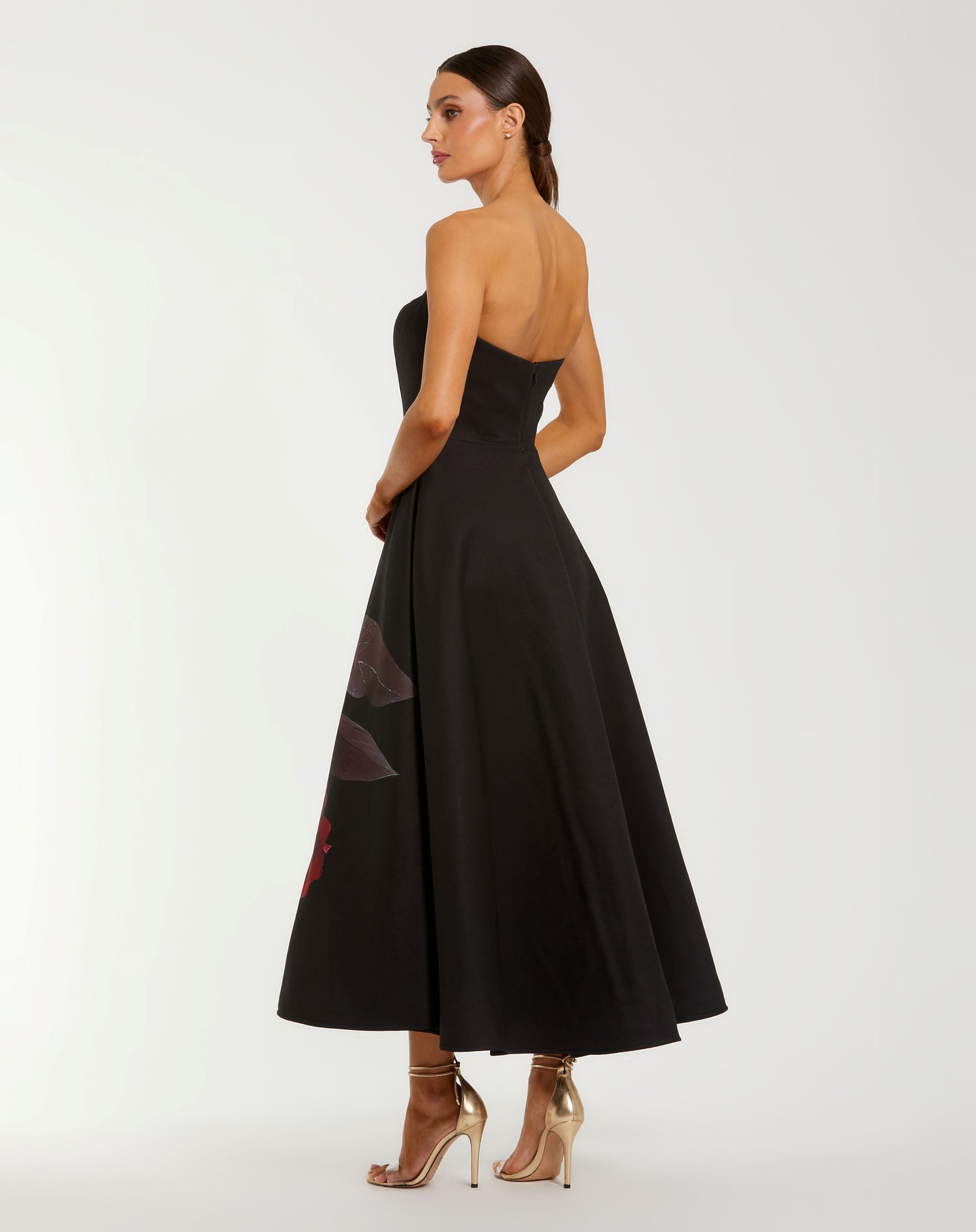 Black Printed Satin Strapless Midi Dress With Pockets - Ieena for Mac Duggal