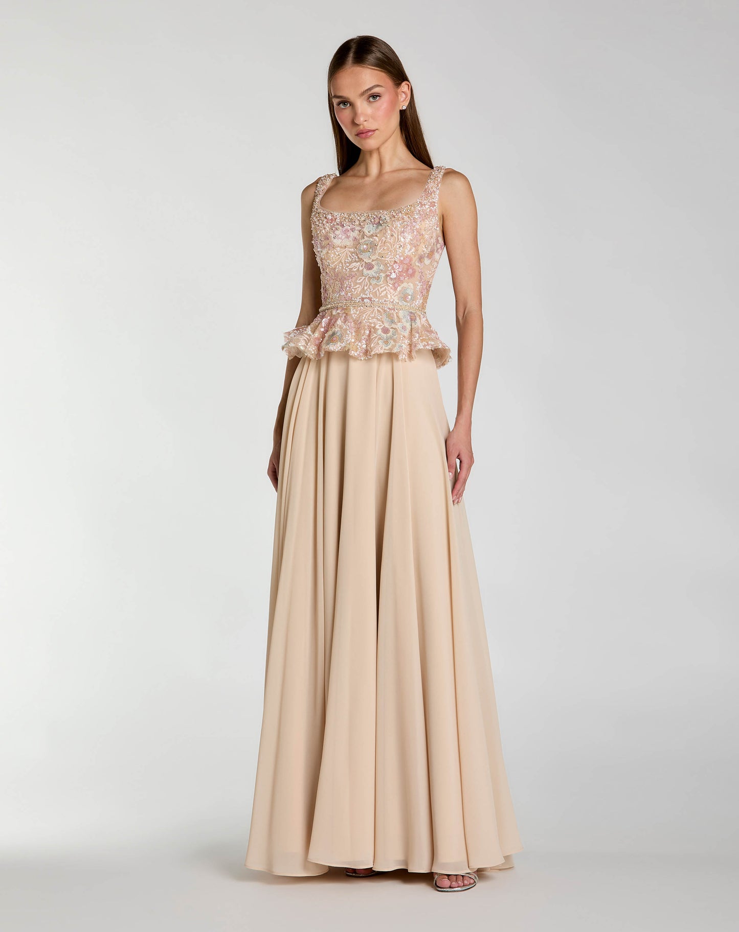 Petite Beige Embroidered Peplum Top With Chiffon Skirt Gown - Mac Duggal
