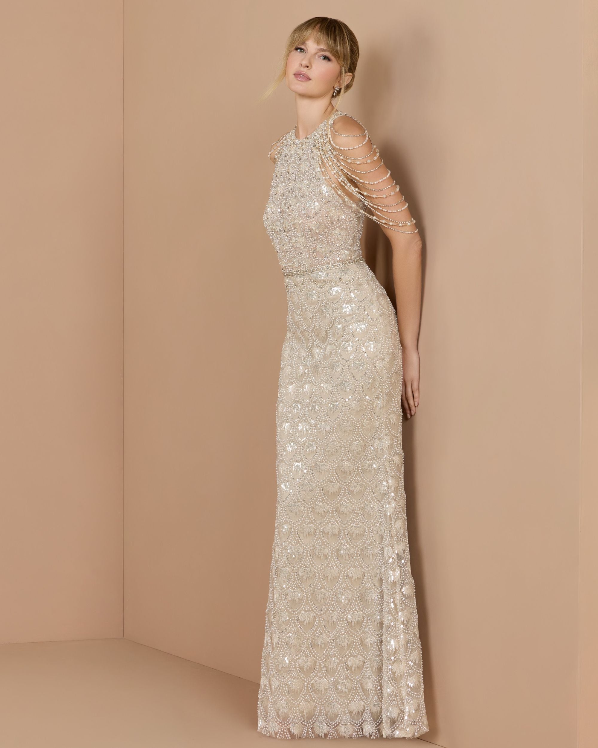 Mac Duggal Petite Draped Beaded Column Gown, Cream Nude, Women's, 12