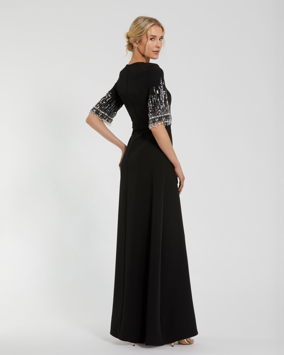 Petite Black Crepe A Line Gown With Beaded 3/4 Sleeves Mac Duggal