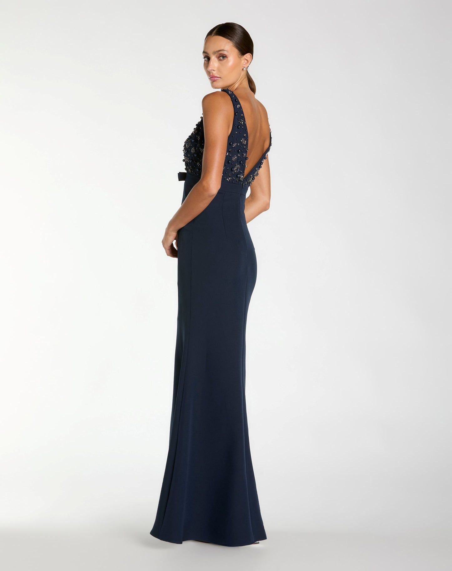 Petite Navy Sleeveless Embellished Crepe Gown With Bow - Ieena for Mac Duggal