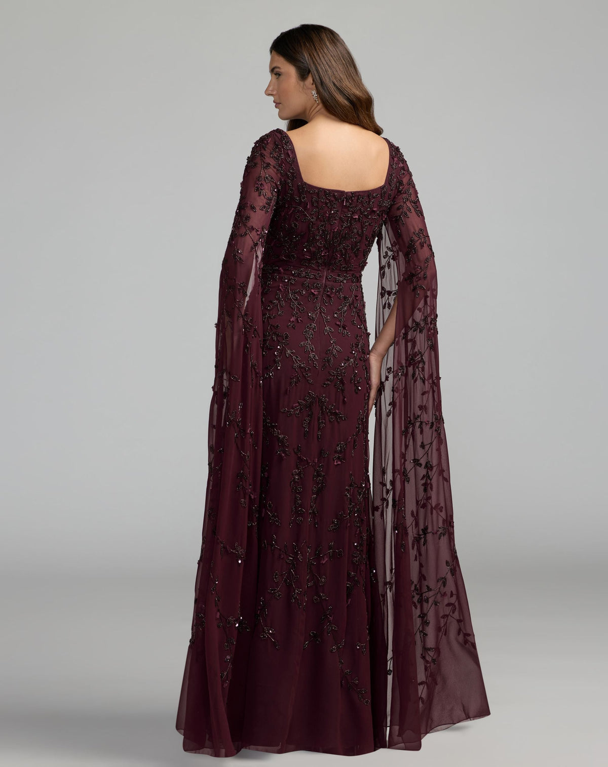 Petite Aubergine Floral Embellished Cape Sleeve Gown - Mac Duggal