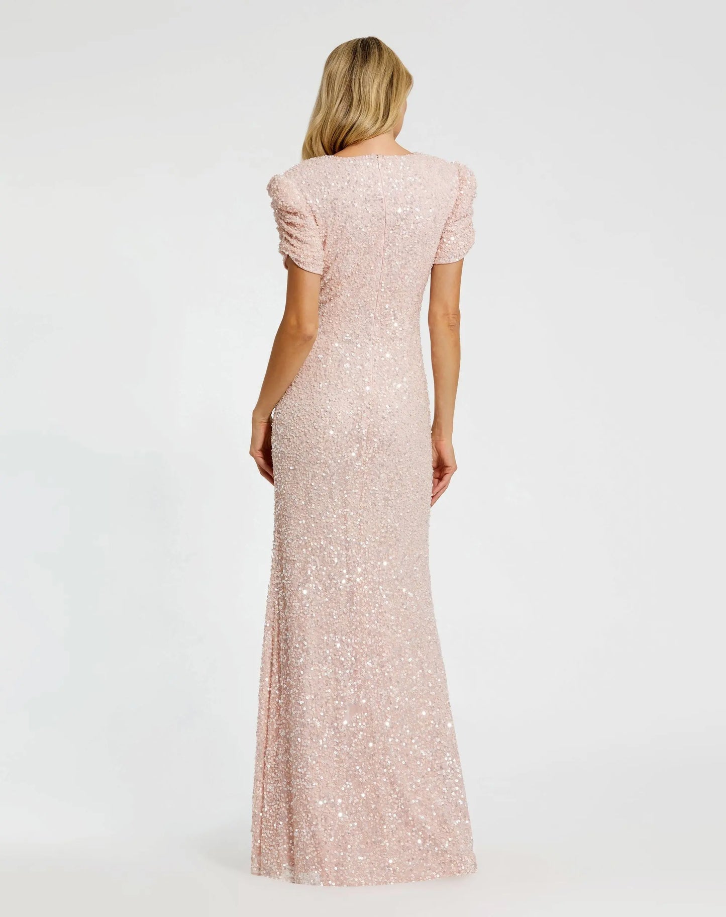 Pink Gathered Short Sleeve Embellished Gown - Mac Duggal