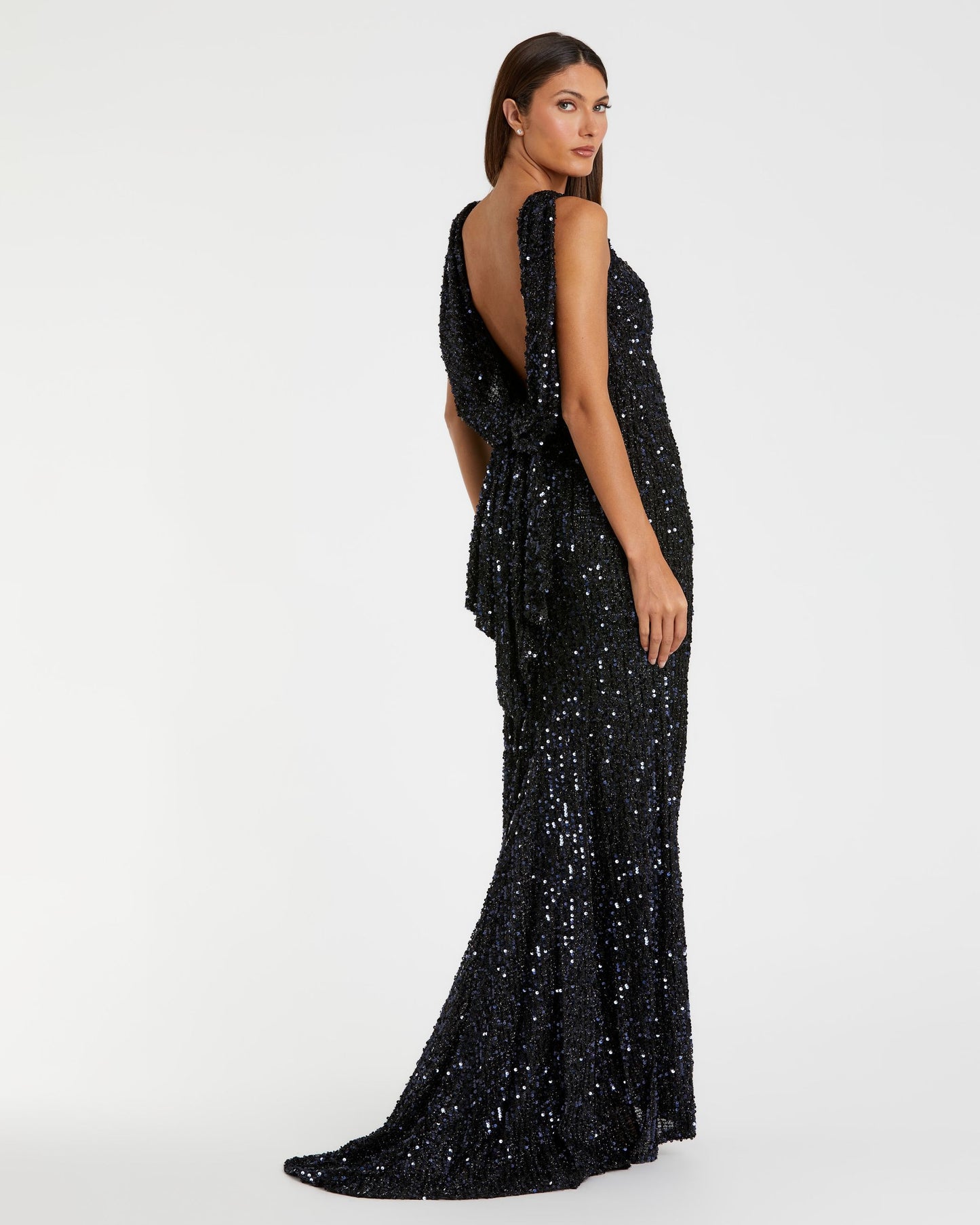 Petite Navy Cowl Back Boat Neck Sequined Evening Gown Ieena for Mac Duggal