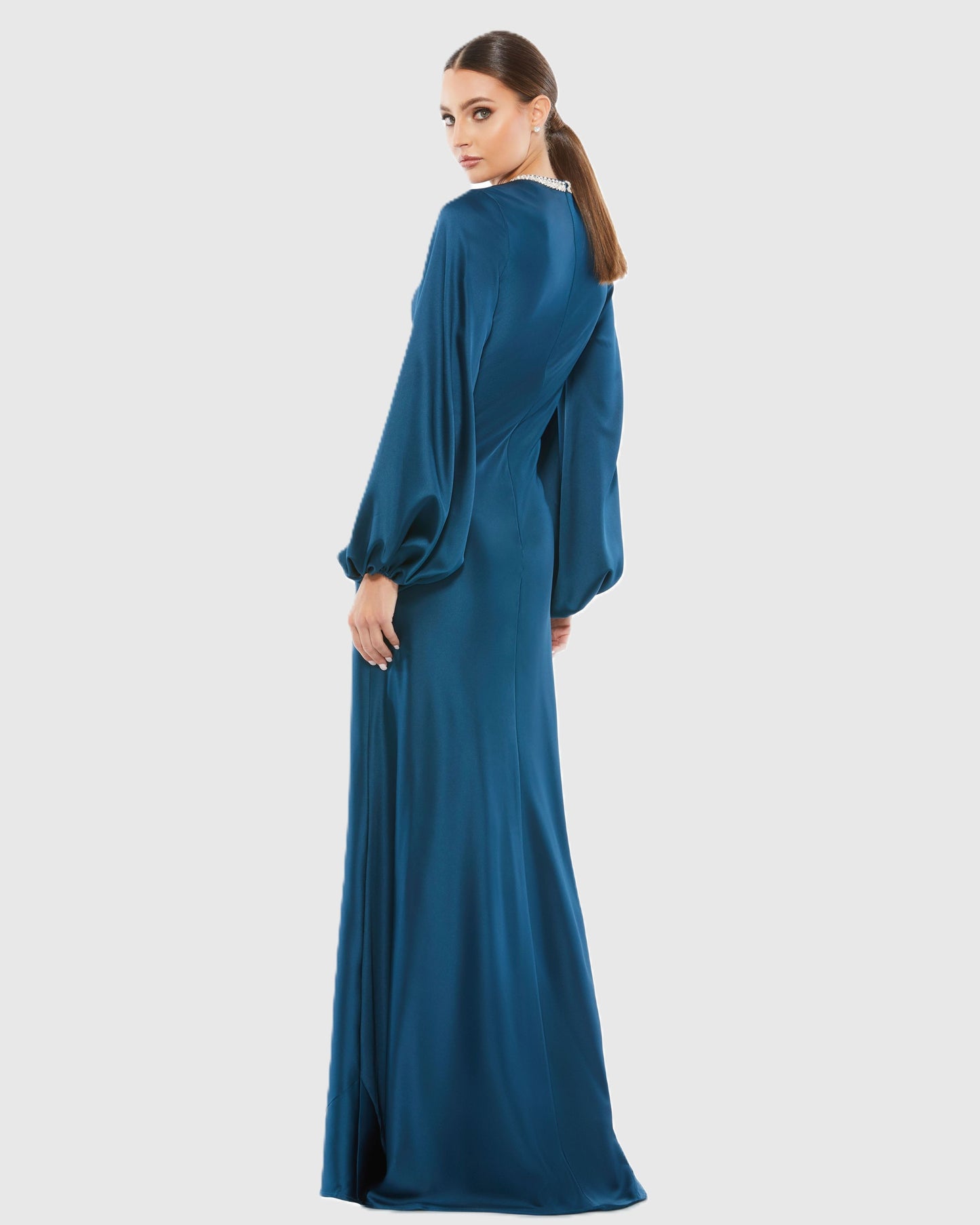 Petite Blue Beaded High Neck Bishop Sleeve Satin Gown Ieena for Mac Duggal