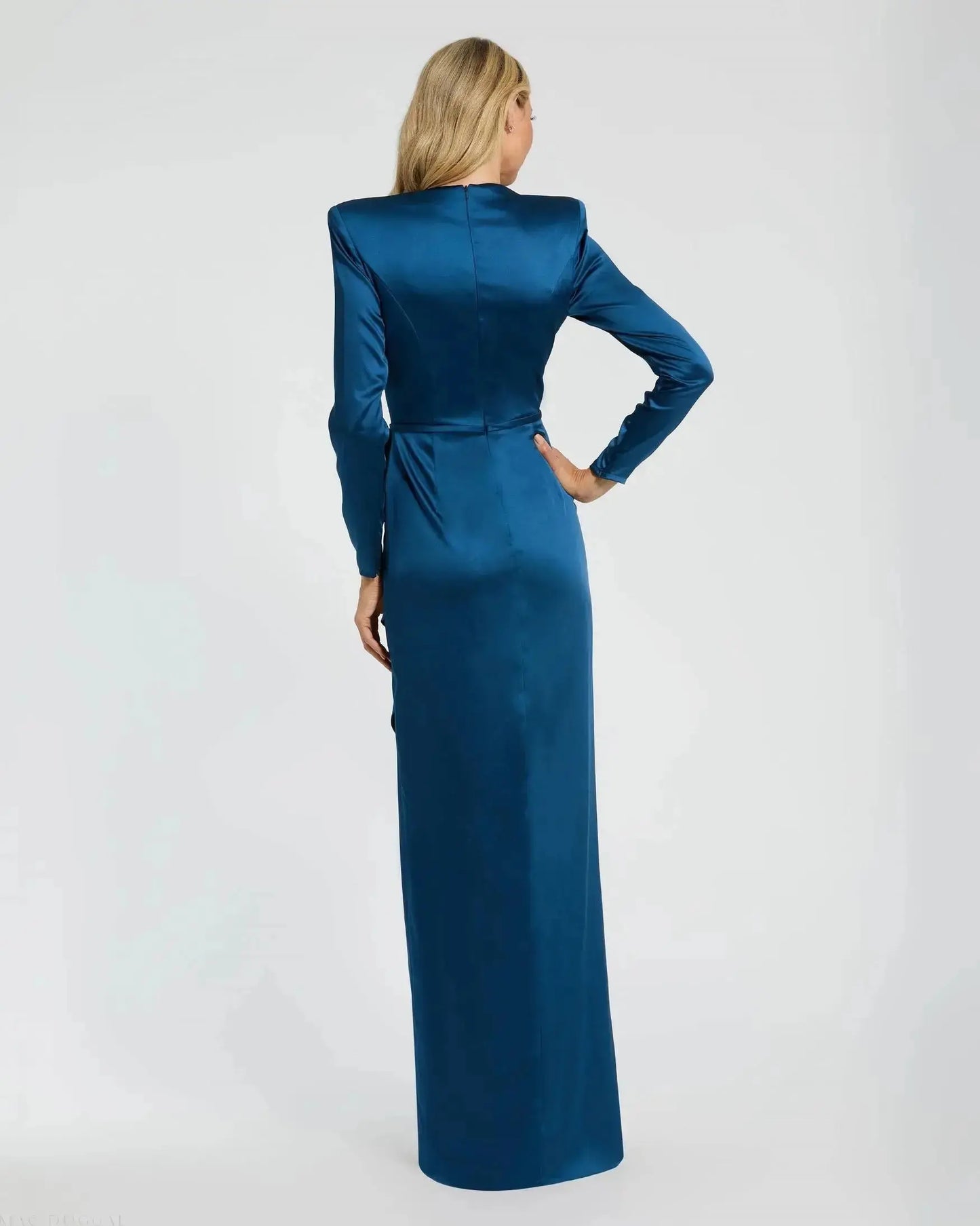 Blue Petite Long Sleeve Structured Bow Draped Gown Mac Duggal