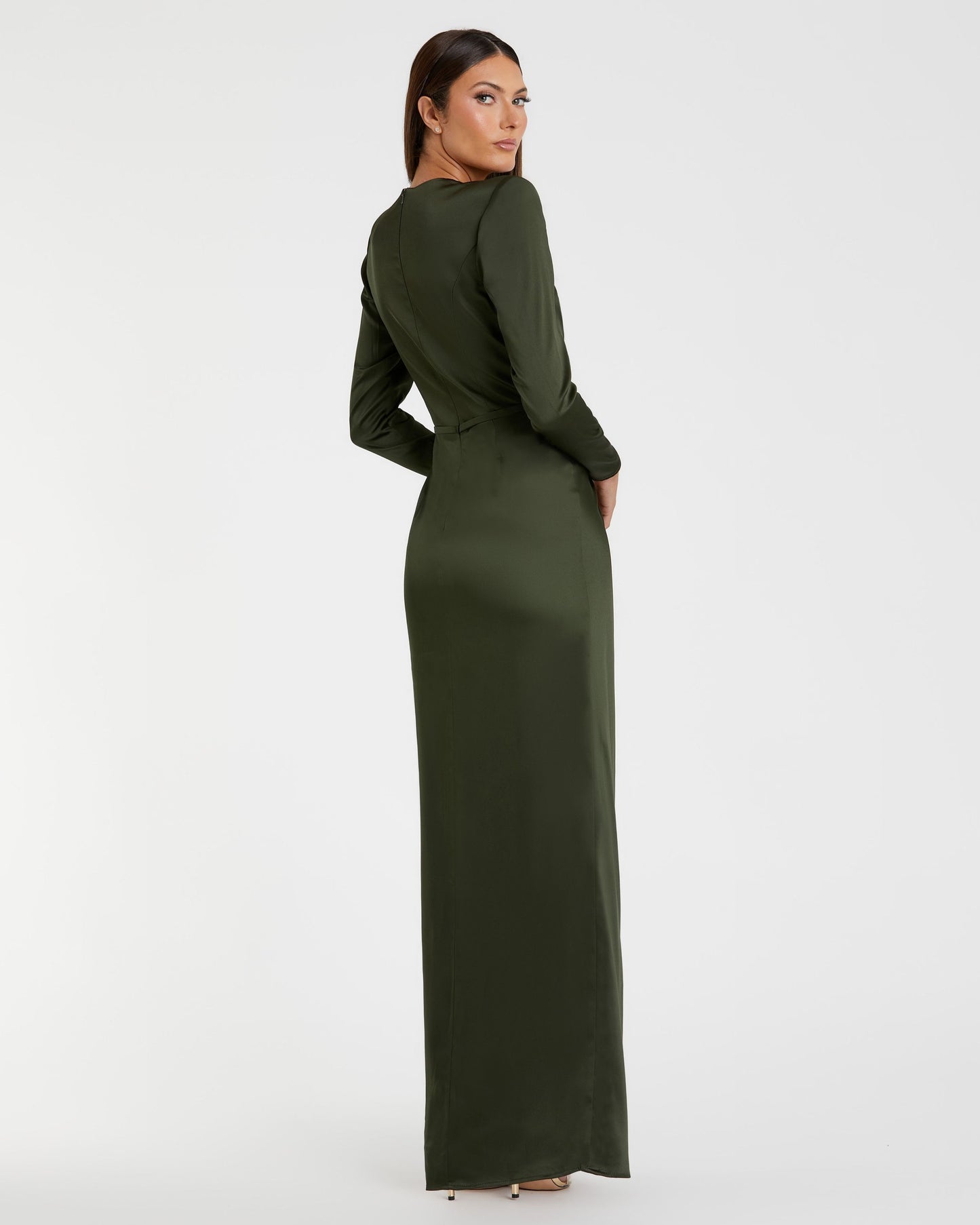 Petite Green Long Sleeve Satin Structured Bow Draped Column Gown Ieena for Mac Duggal