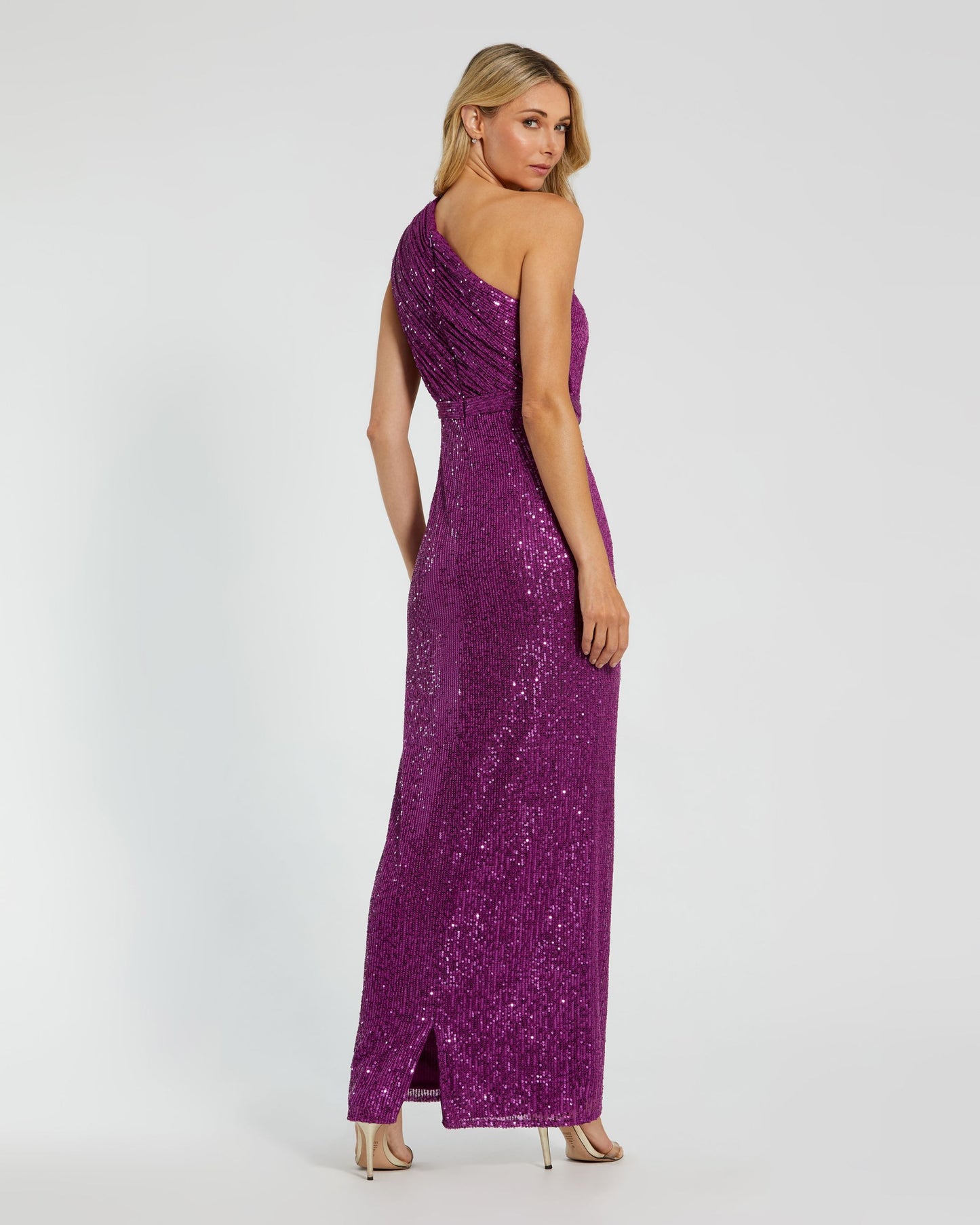 Petite Dark Purple Sequined Ruched One Shoulder Gown Ieena for Mac Duggal