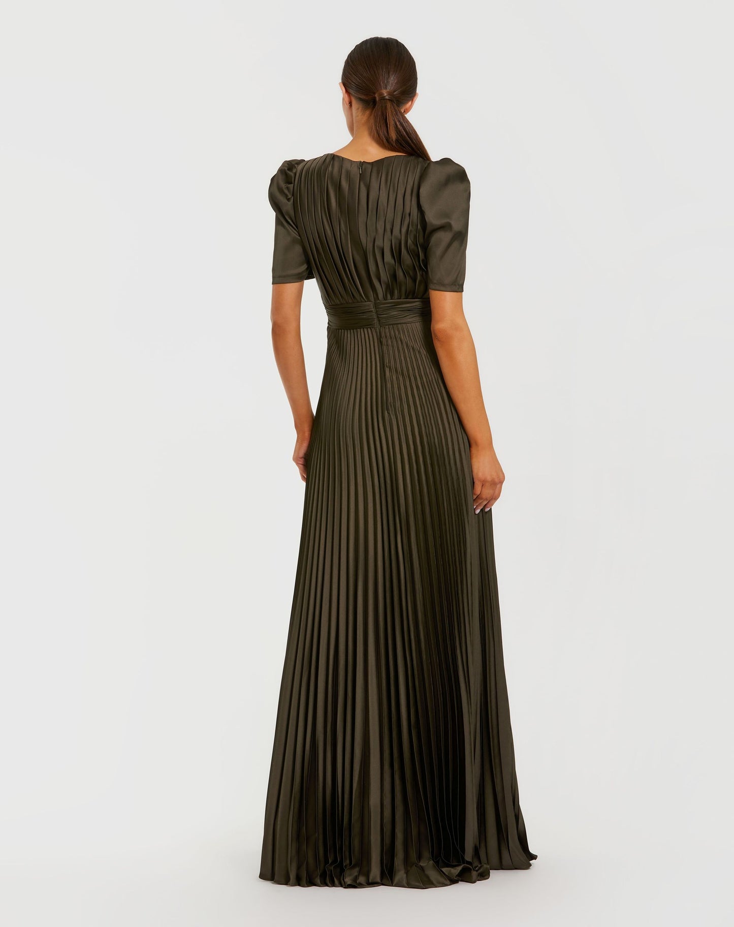 Petite Dark Green Pleated Charmeuse Puff Sleeve Evening Gown With Slit - Ieena for Mac Duggal
