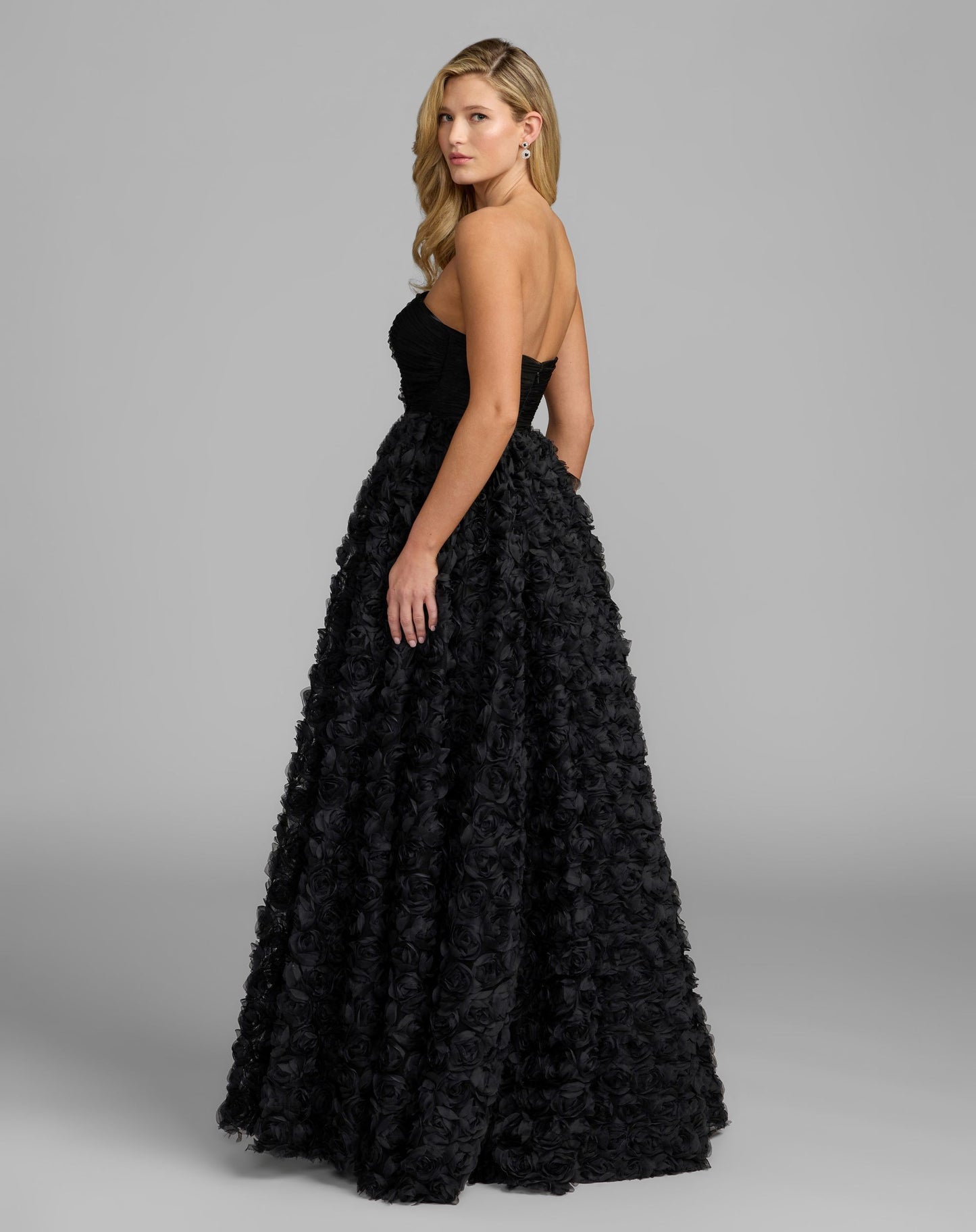 Petite Black Strapless 3D Rosette Ball Gown - Ieena for Mac Duggal