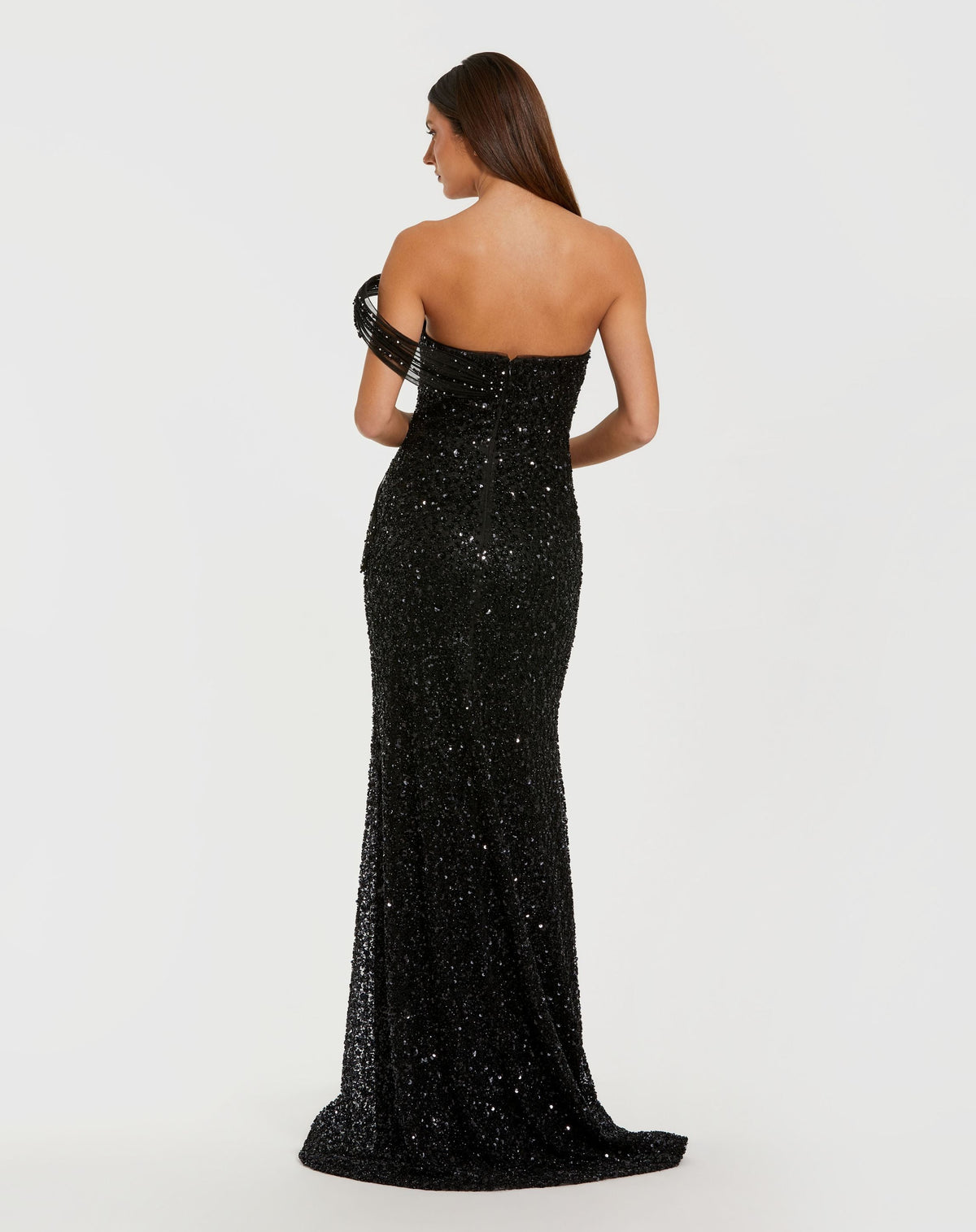 Petite Black Embellished Strapless Gown With Sculptural Drape - Mac Duggal