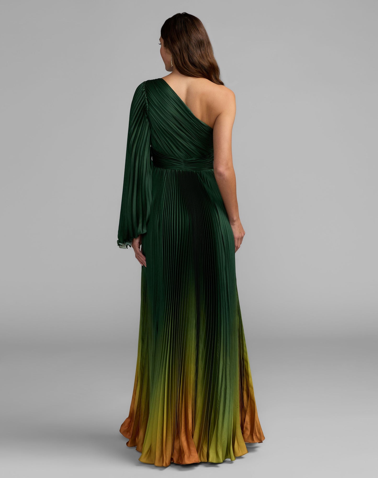 Petite Green Pleated Charmeuse One Shoulder Ombre Gown - Ieena for Mac Duggal