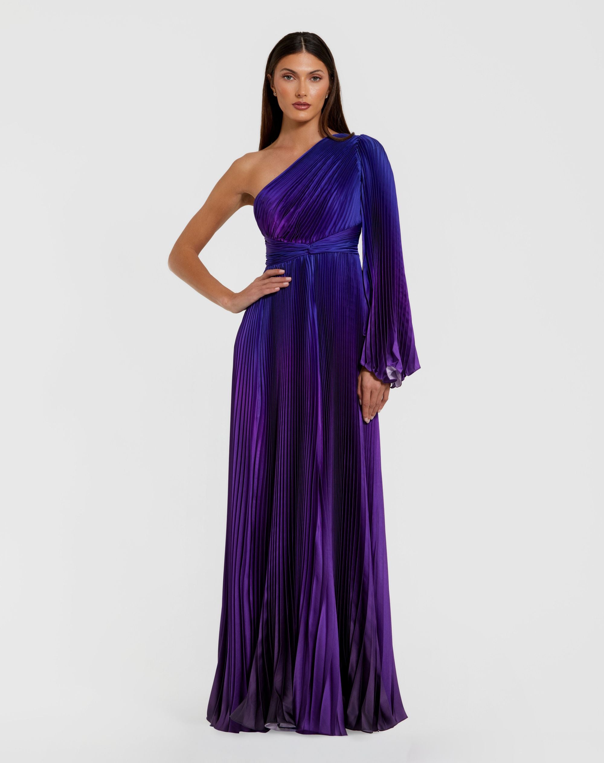 Pleated Charmeuse One Shoulder Ombre Gown