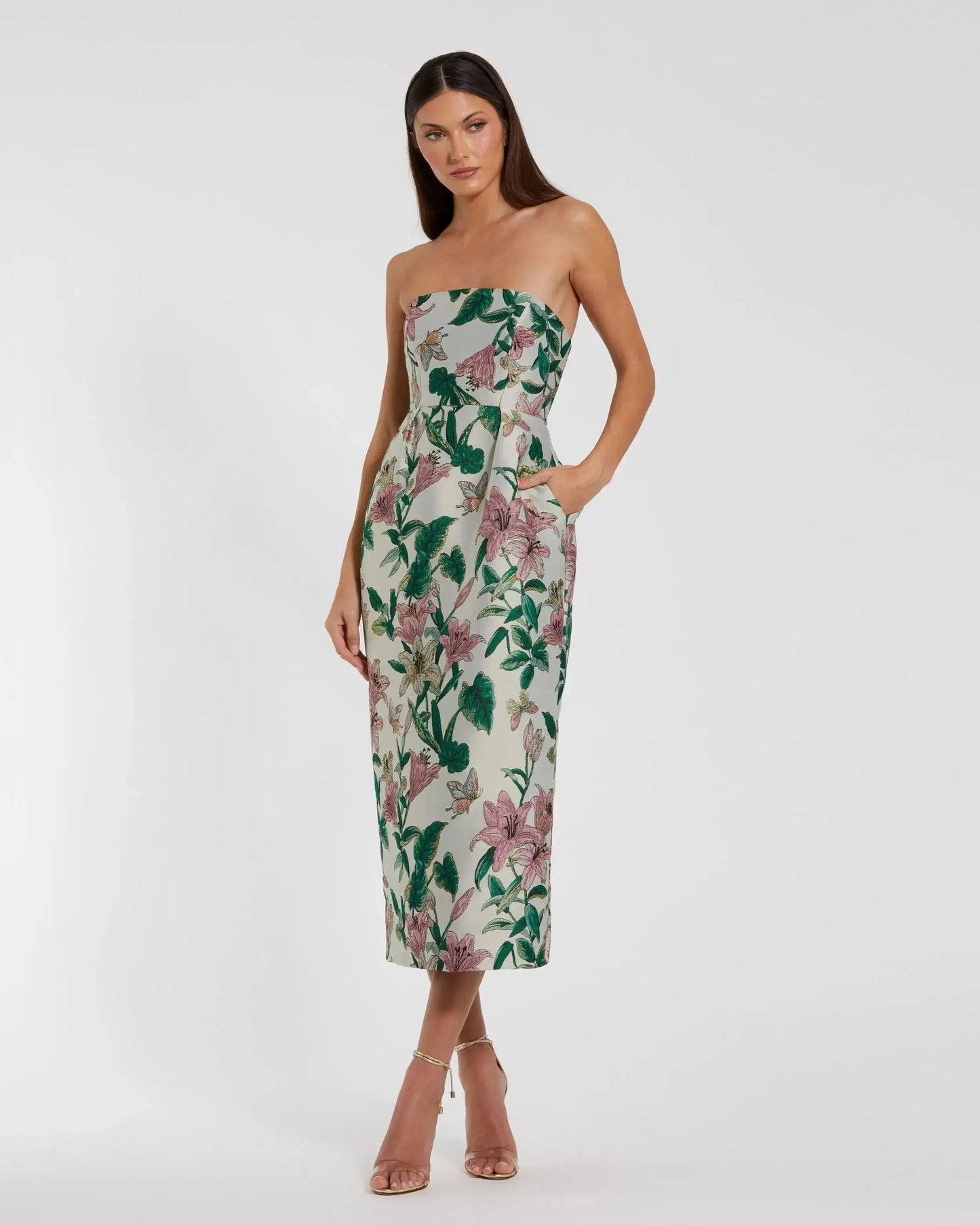 Petite Floral Brocade Strapless Fitted Midi Dress Mac Duggal
