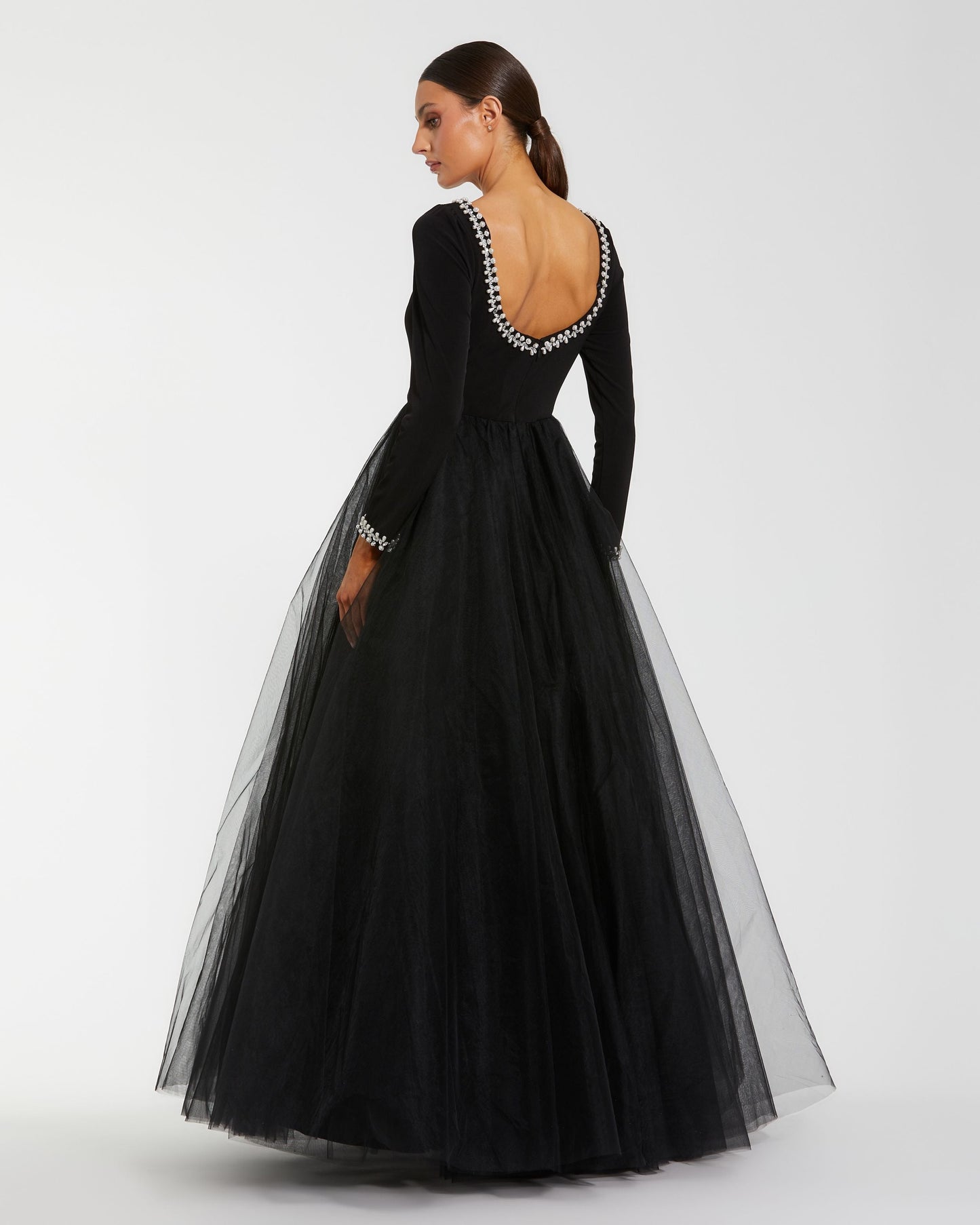 Petite Black Long Sleeve Tulle Ball Gown Ieena for Mac Duggal