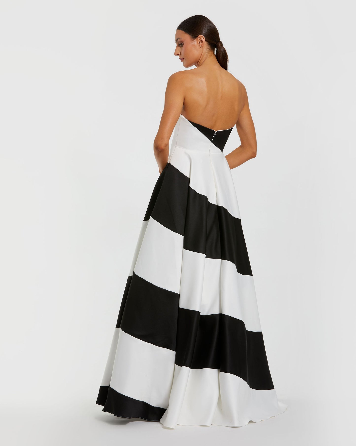 Petite Black and White Striped Satin Strapless Ball Gown Ieena for Mac Duggal