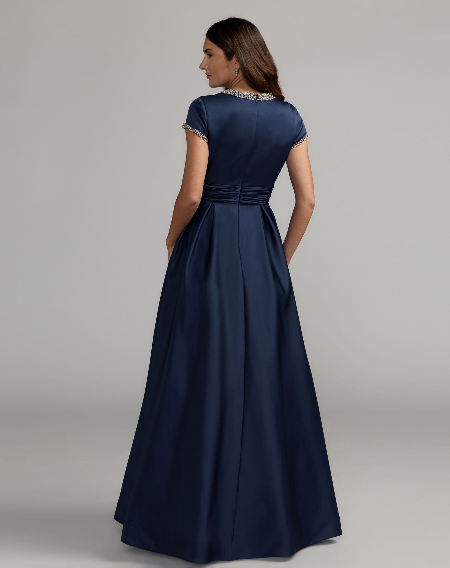 Petite Navy Embellished Satin Cap Sleeve Ball Gown - Ieena for Mac Duggal
