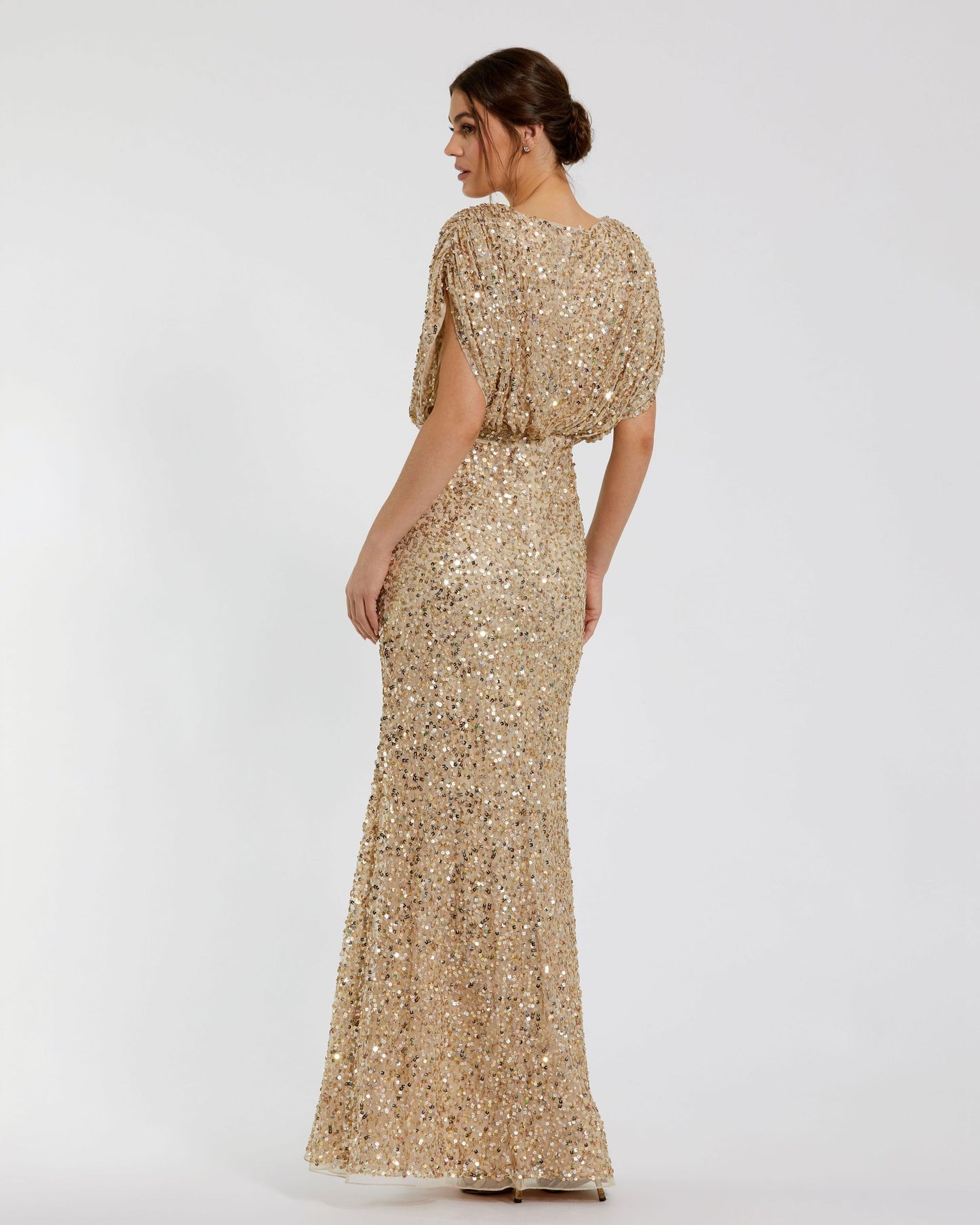 Petite Gold Draped Sleeve V Neck Gown - Mac Duggal