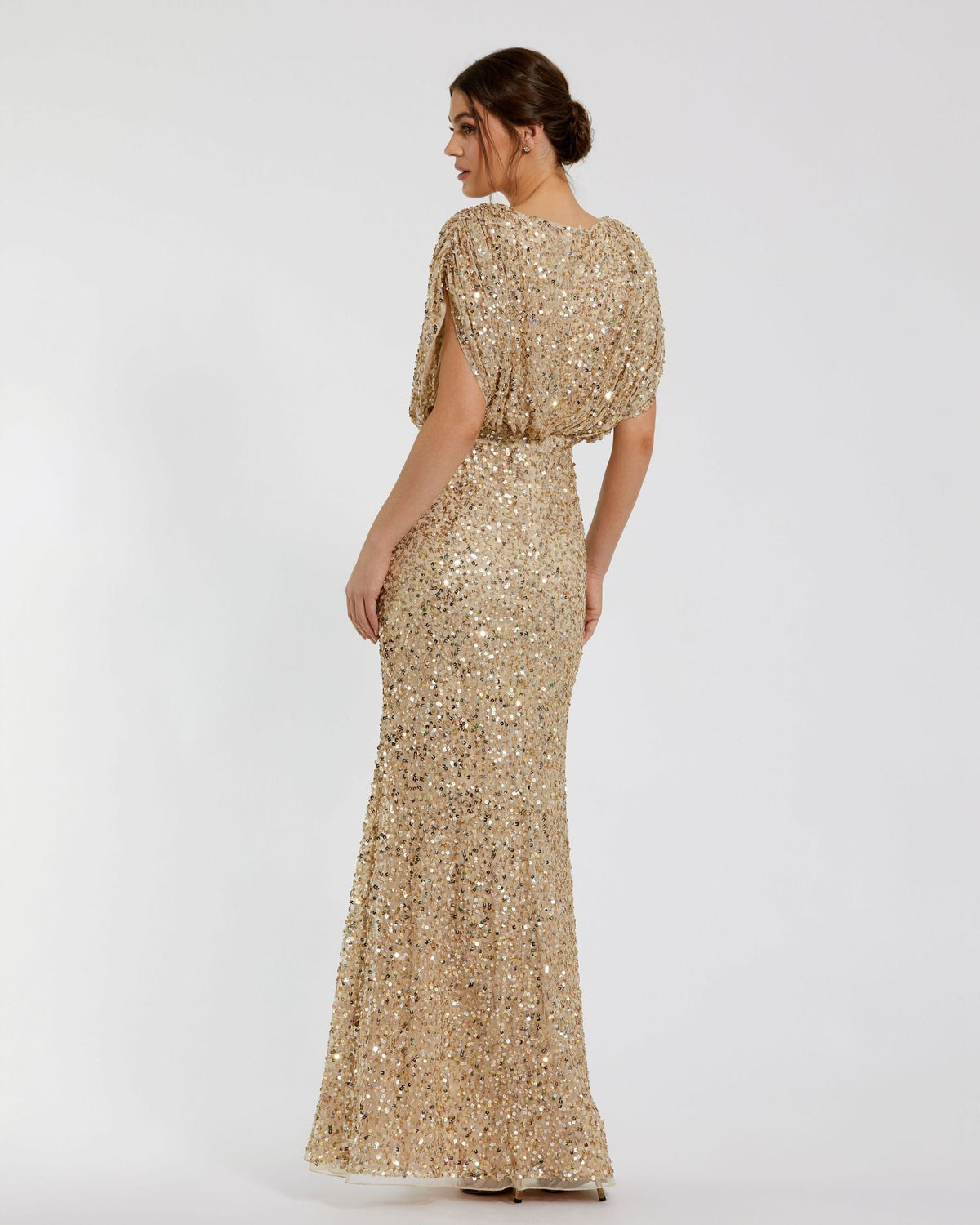 Petite Sequin Draped Sleeve V-Neck Gown - Mac Duggal