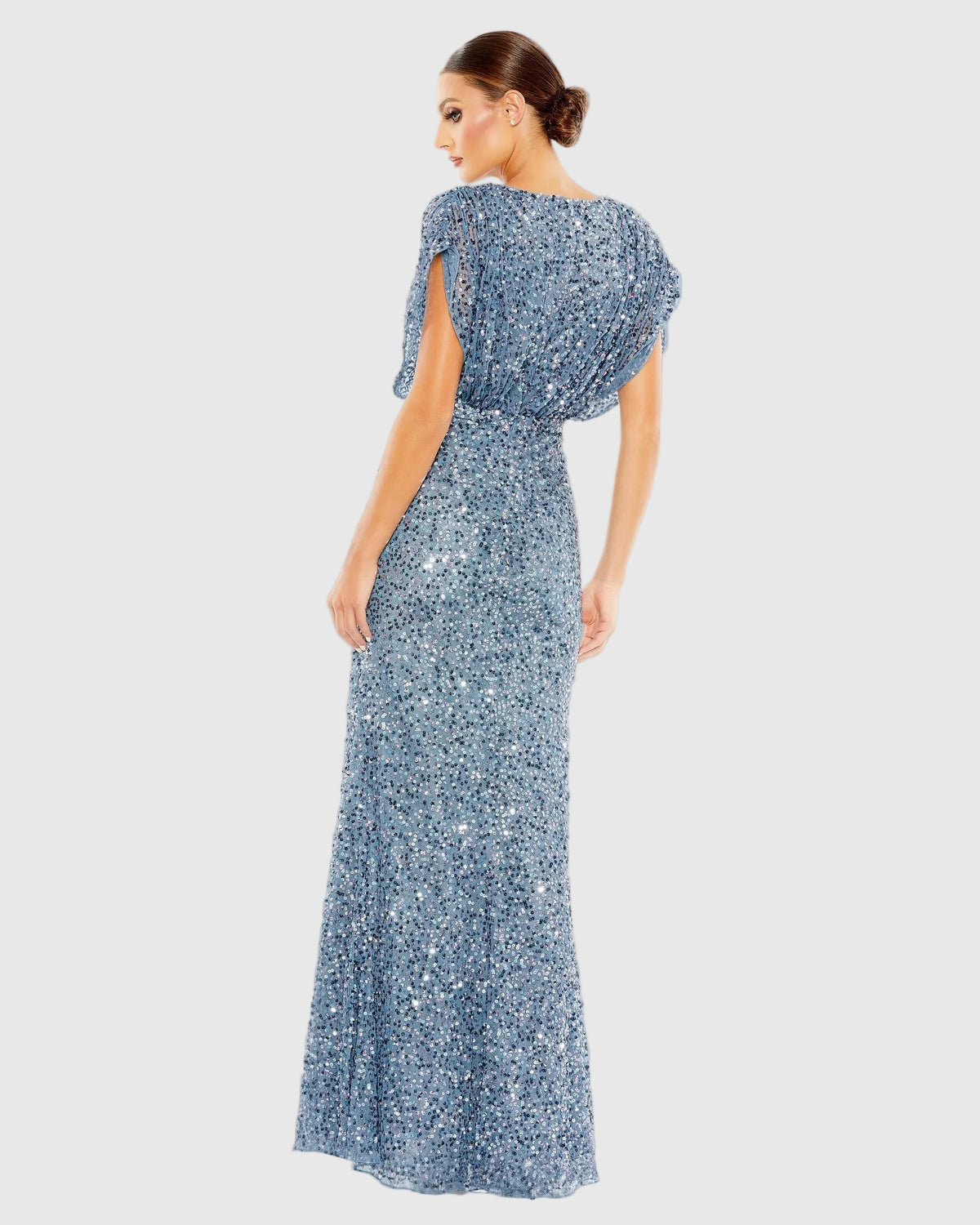 Petite Blue Sequin Draped Sleeve V-Neck Gown Mac Duggal