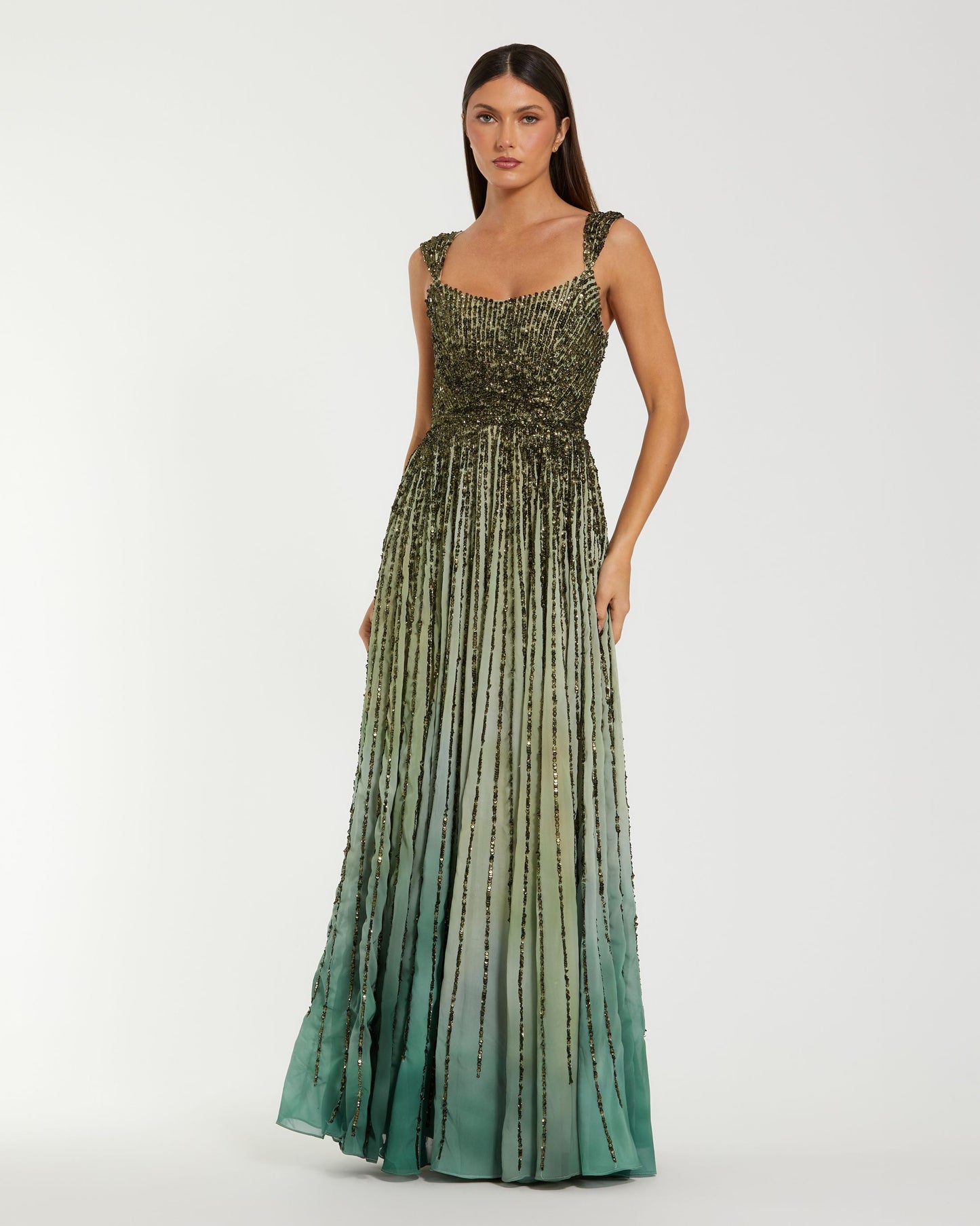 Petite Green Sleeveless Sequin A Line Ombre Gown Mac Duggal
