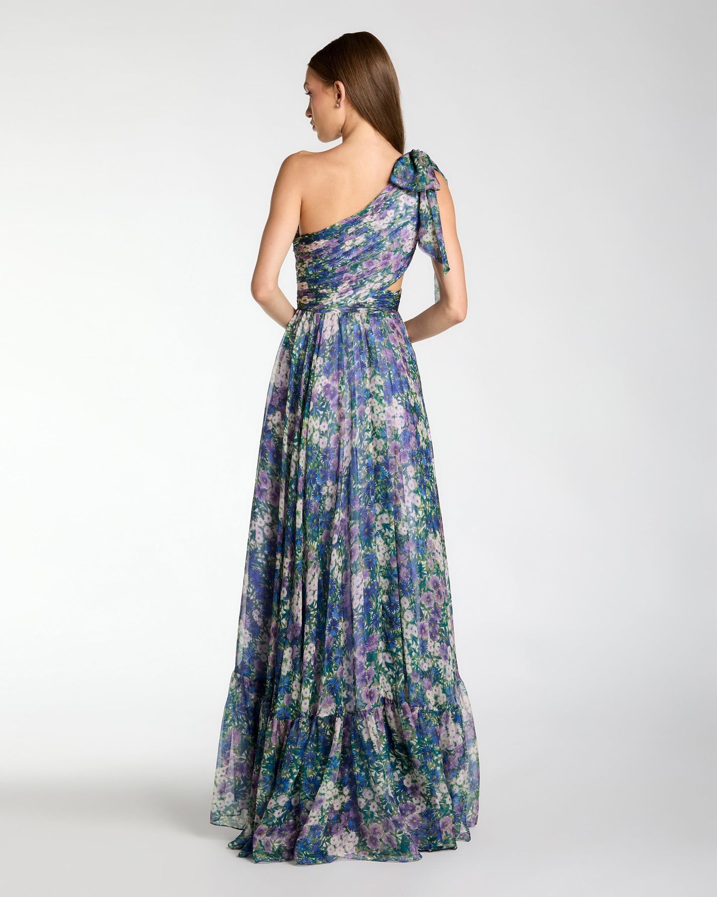 Petite Purple One Shoulder Floral Printed Chiffon Side Cut Out Gown Ieena for Mac Duggal