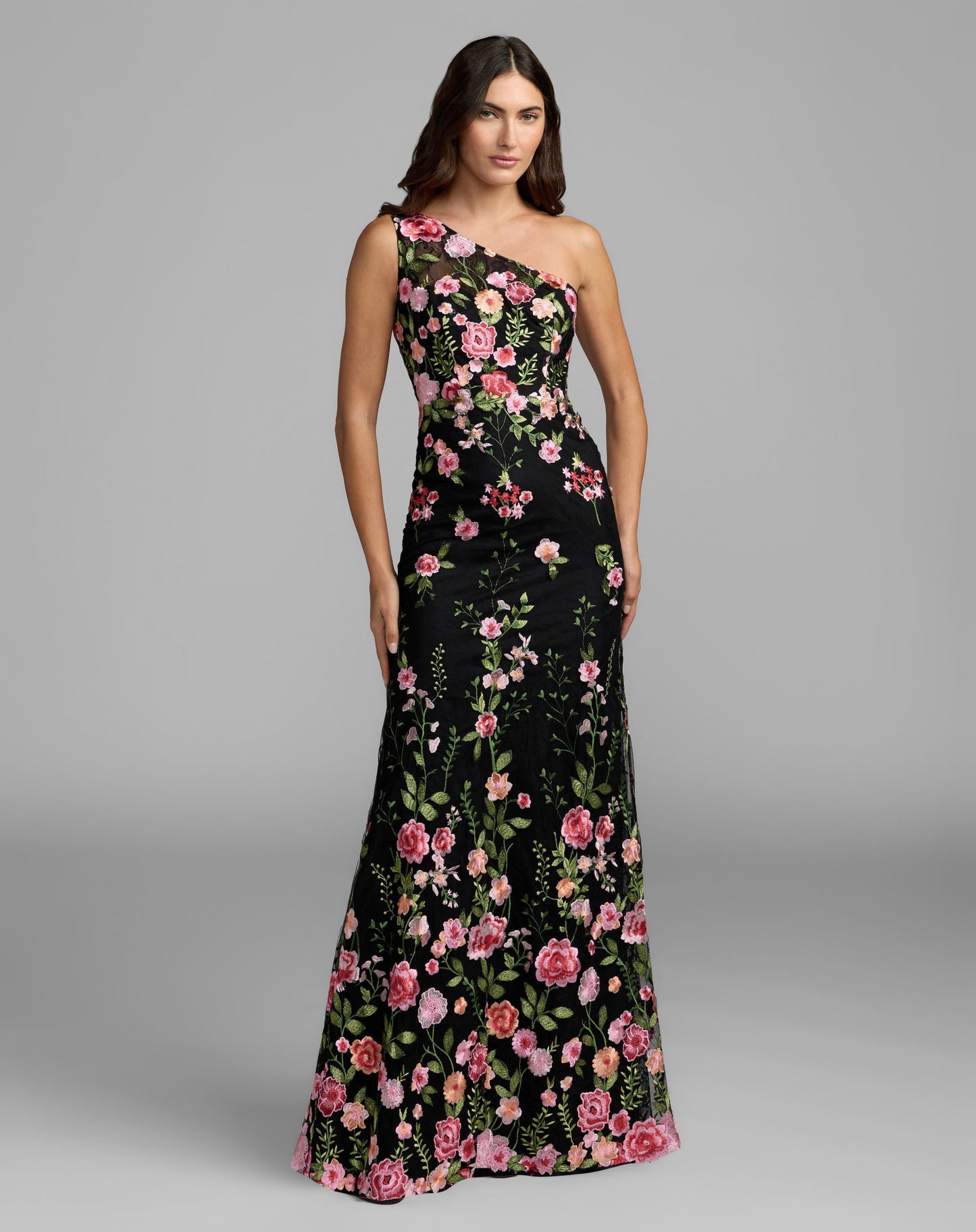 Petite Black One Shoulder Floral Embroidered Gown - Mac Duggal