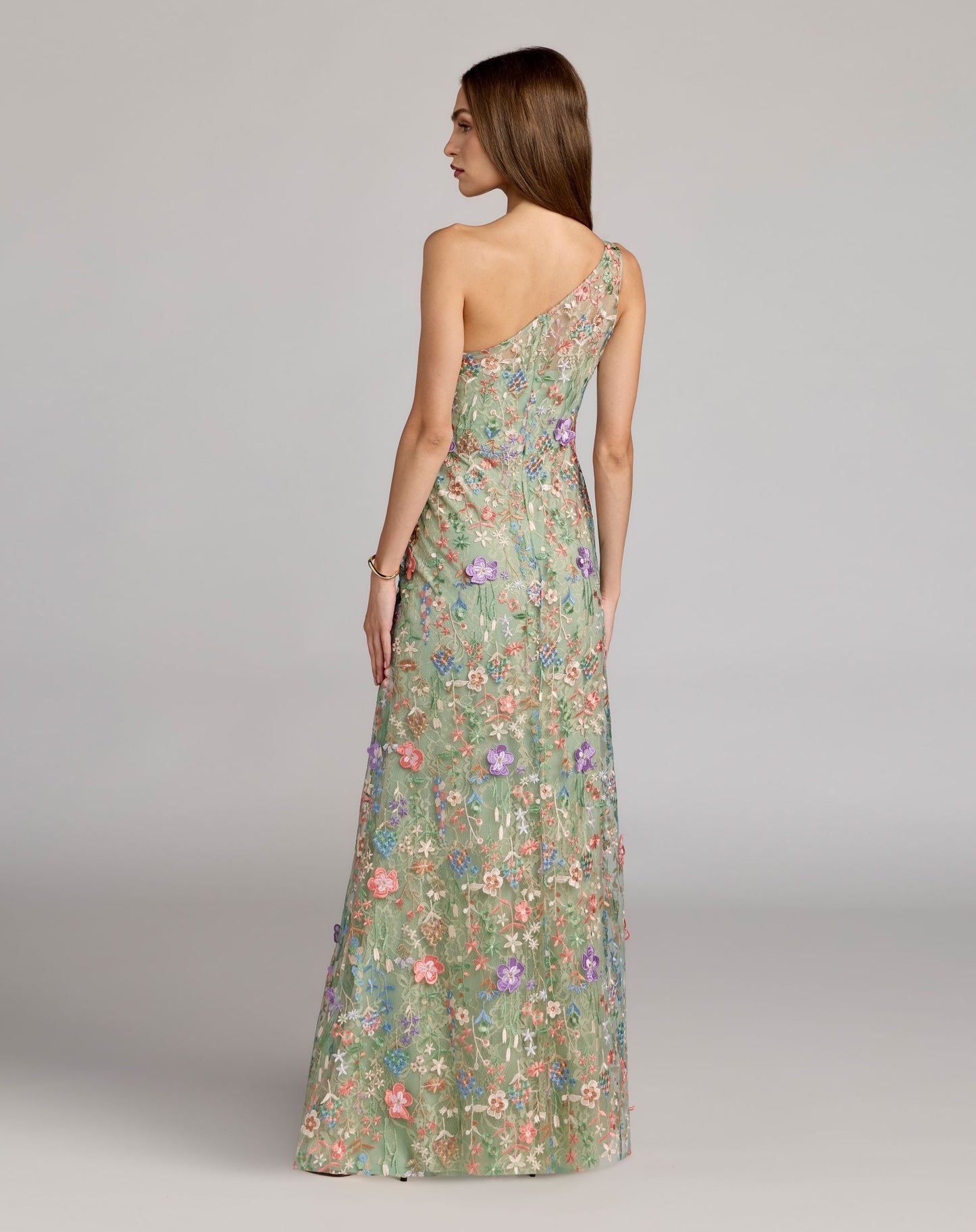 Petite Green One Shoulder Floral Embroidered Gown Mac Duggal