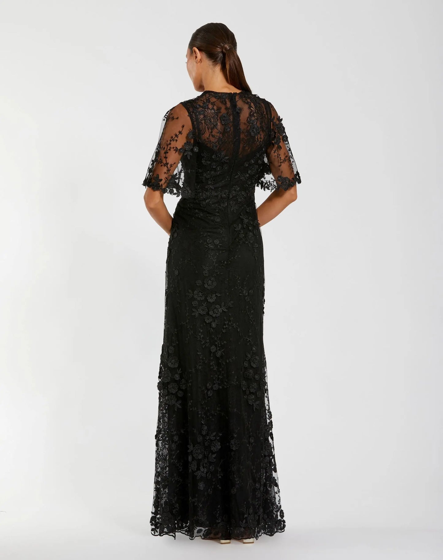 Petite Black Flutter Sleeve Floral Embroidered Net Gown - Mac Duggal
