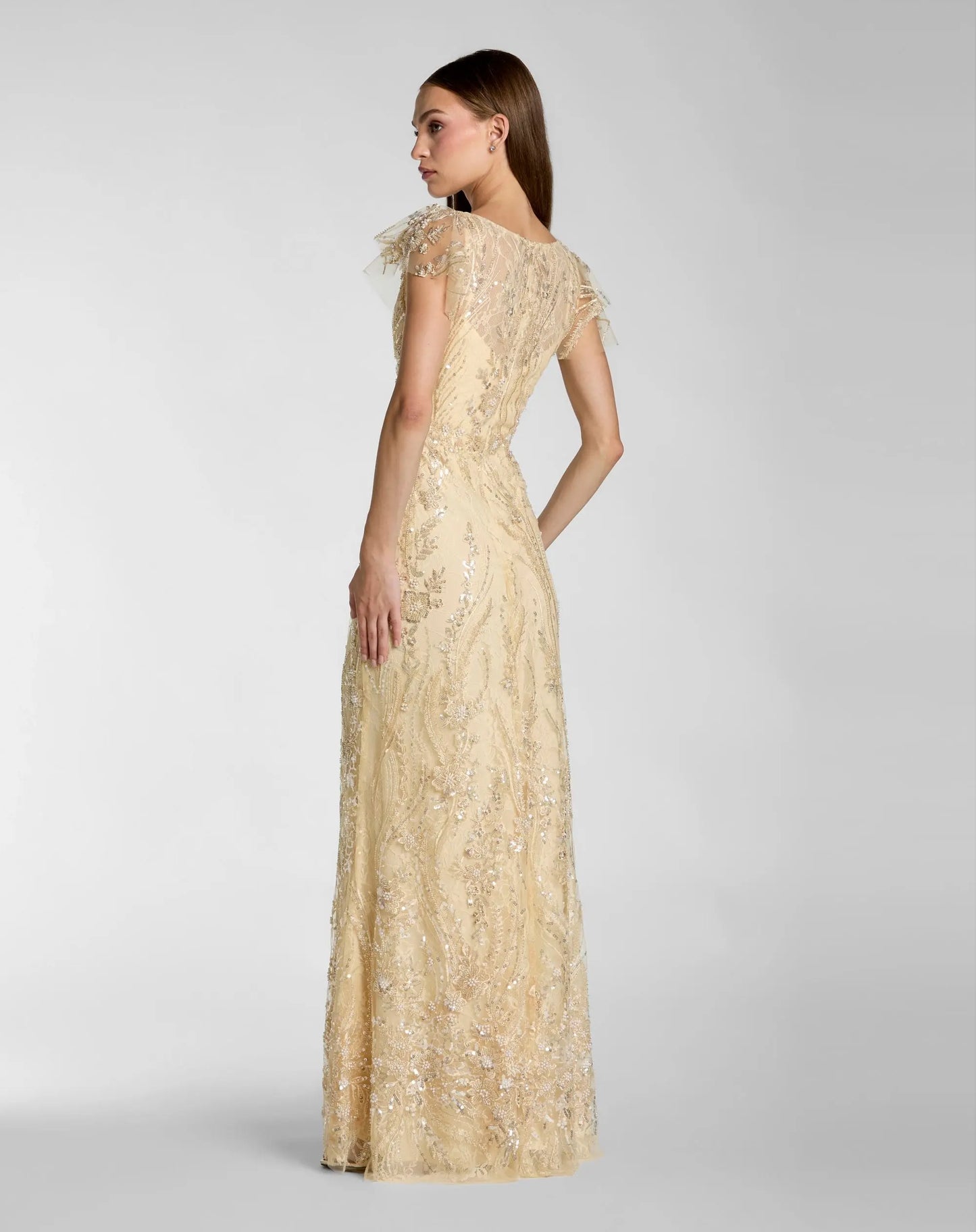 Petite Gold V-Neck Flutter Sleeve Floral Embroidered Gown - Mac Duggal
