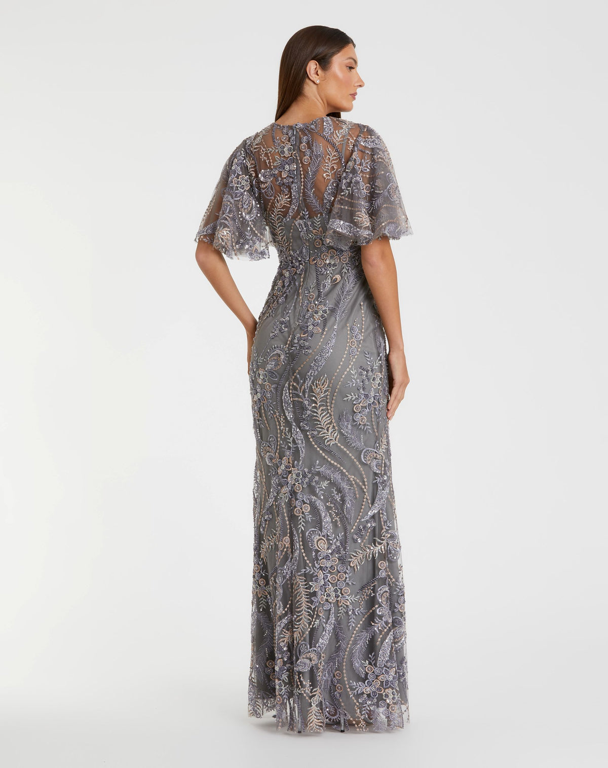 Petite Charcoal High Neck Flutter Sleeve Embroidered Gown - Mac Duggal