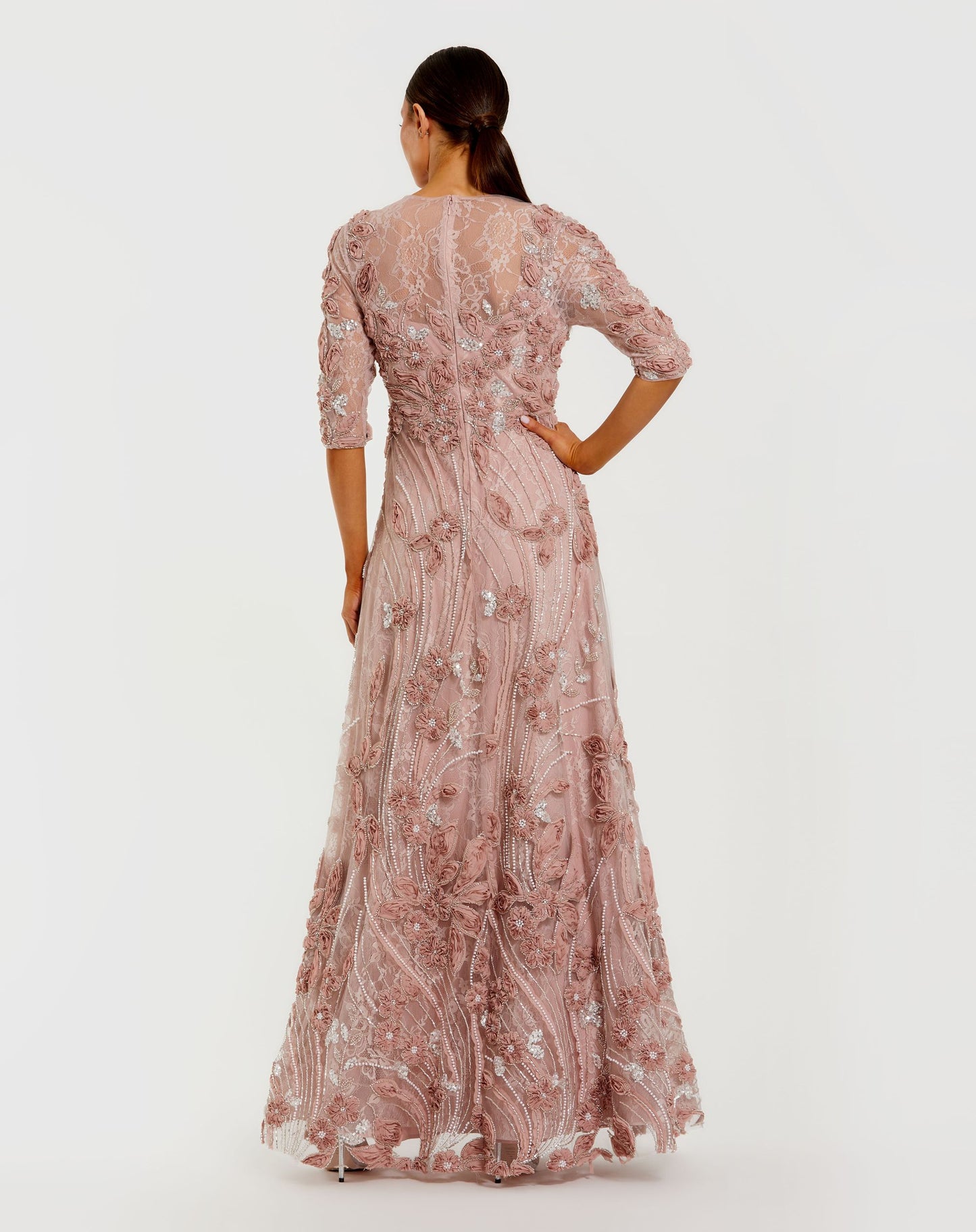 Pink Petite 3/4 Sleeve High Neck Embroidered A Line Gown Mac Duggal