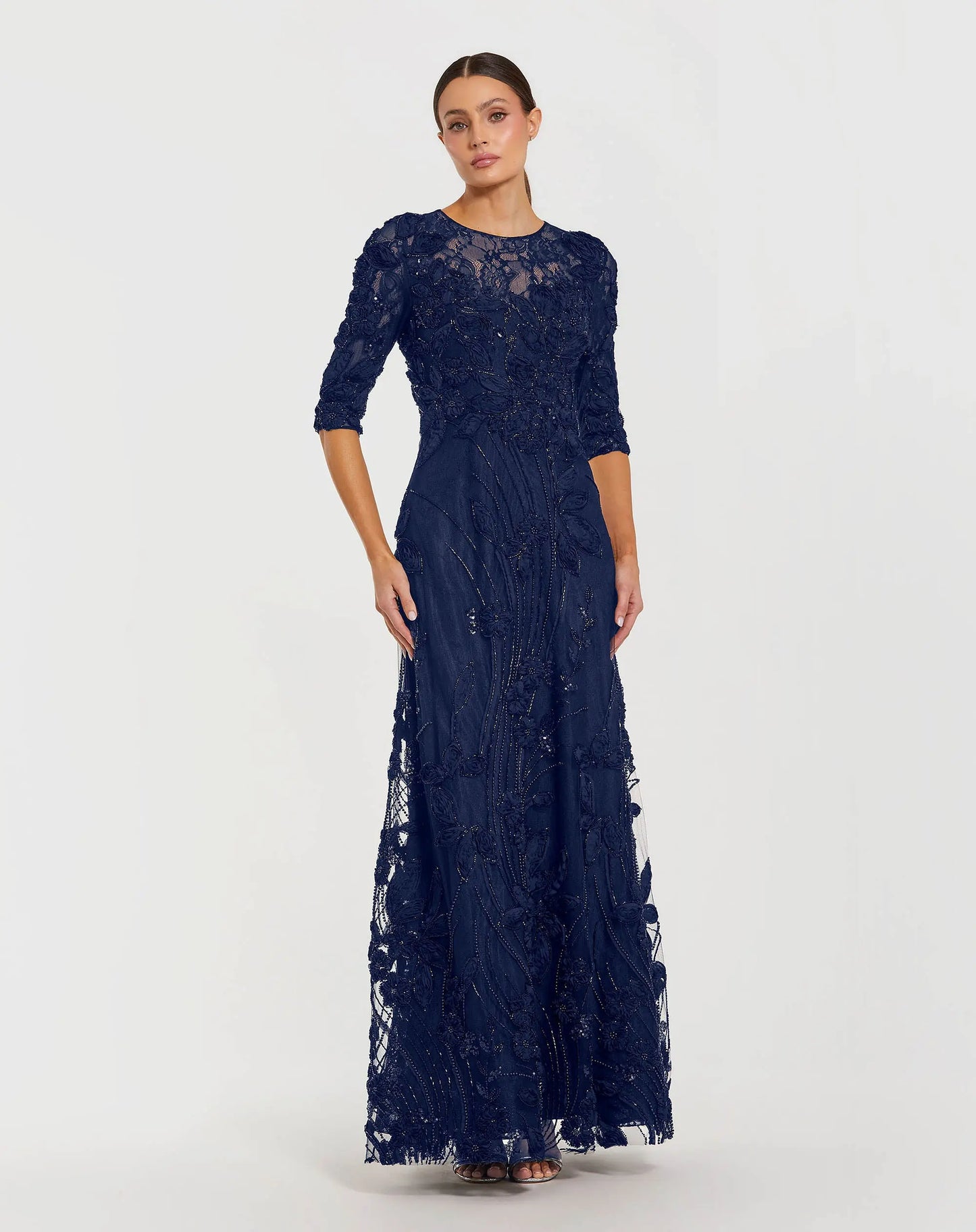Petite Navy High Neck Embellished Lace Gown with 3/4 Sleeves - Mac Duggal