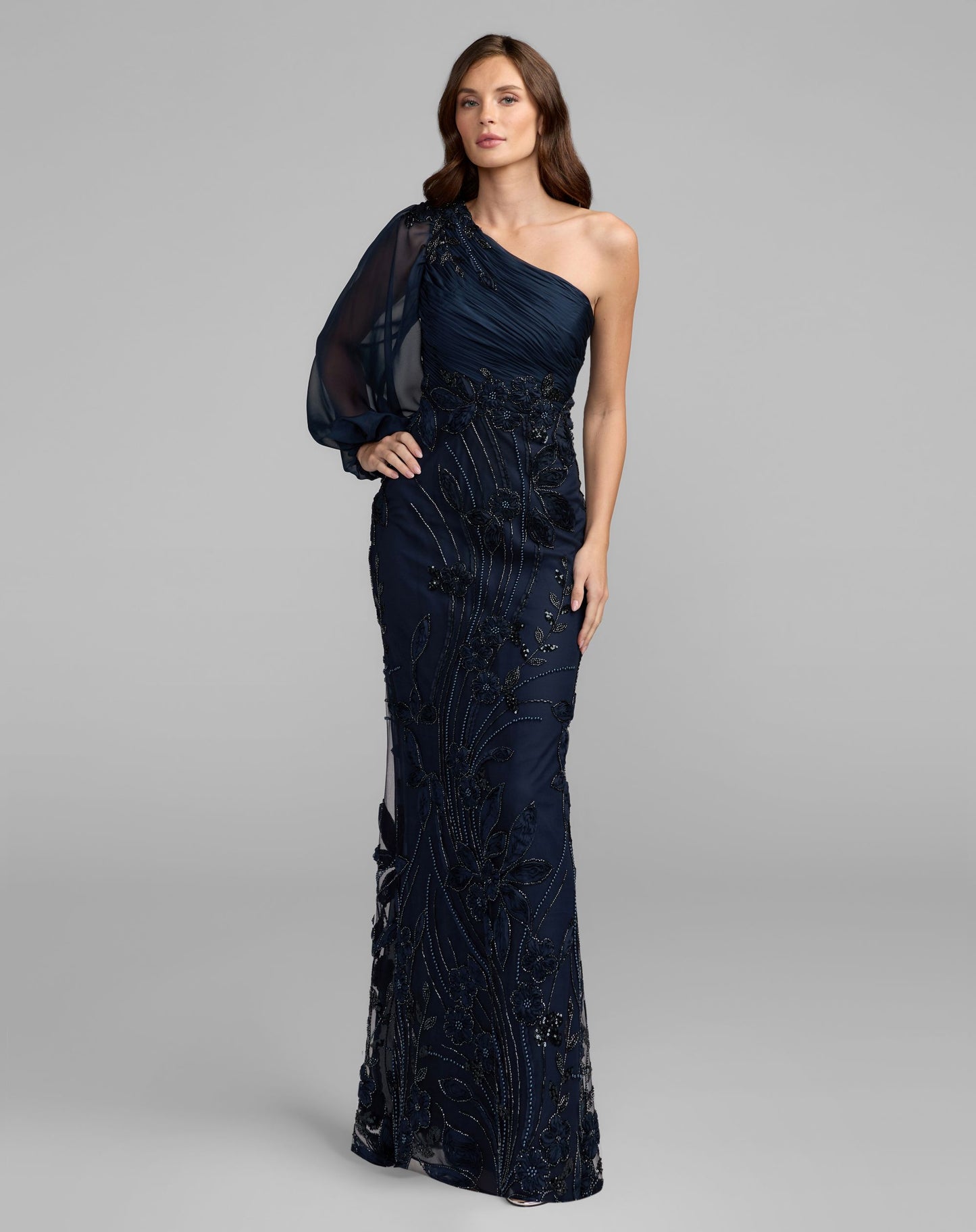 Petite Navy One Sleeve Chiffon Embellished Gown - Mac Duggal