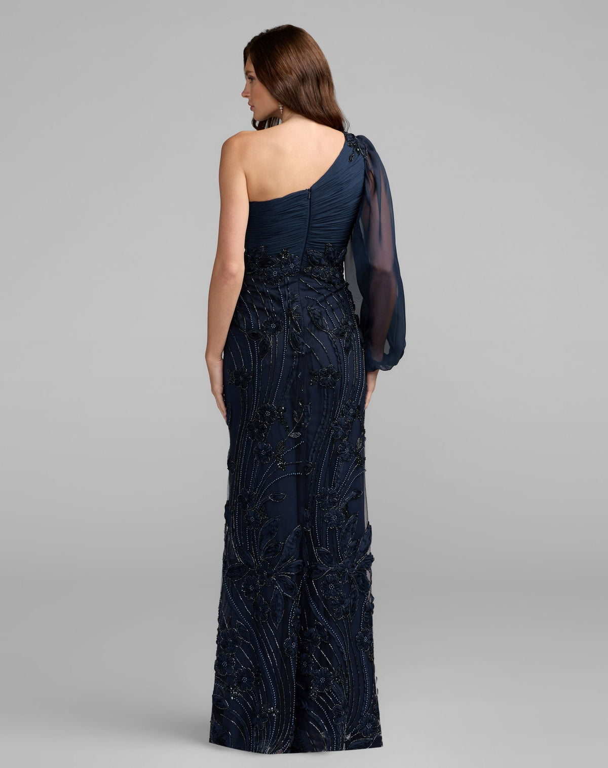 Petite Navy One Sleeve Chiffon Embellished Gown - Mac Duggal