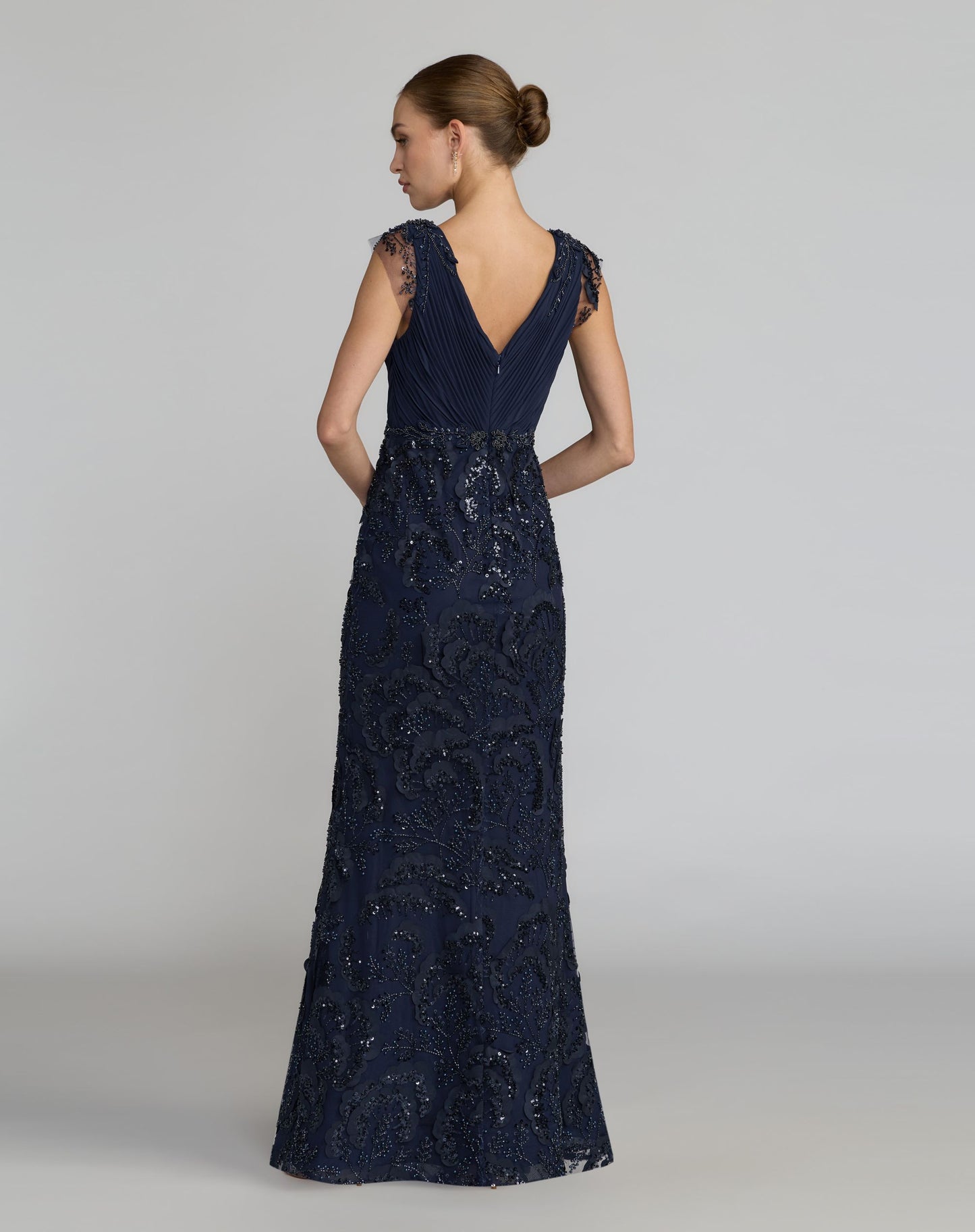 Petite Navy Floral Beaded Chiffon V-Neck Evening Gown - Mac Duggal