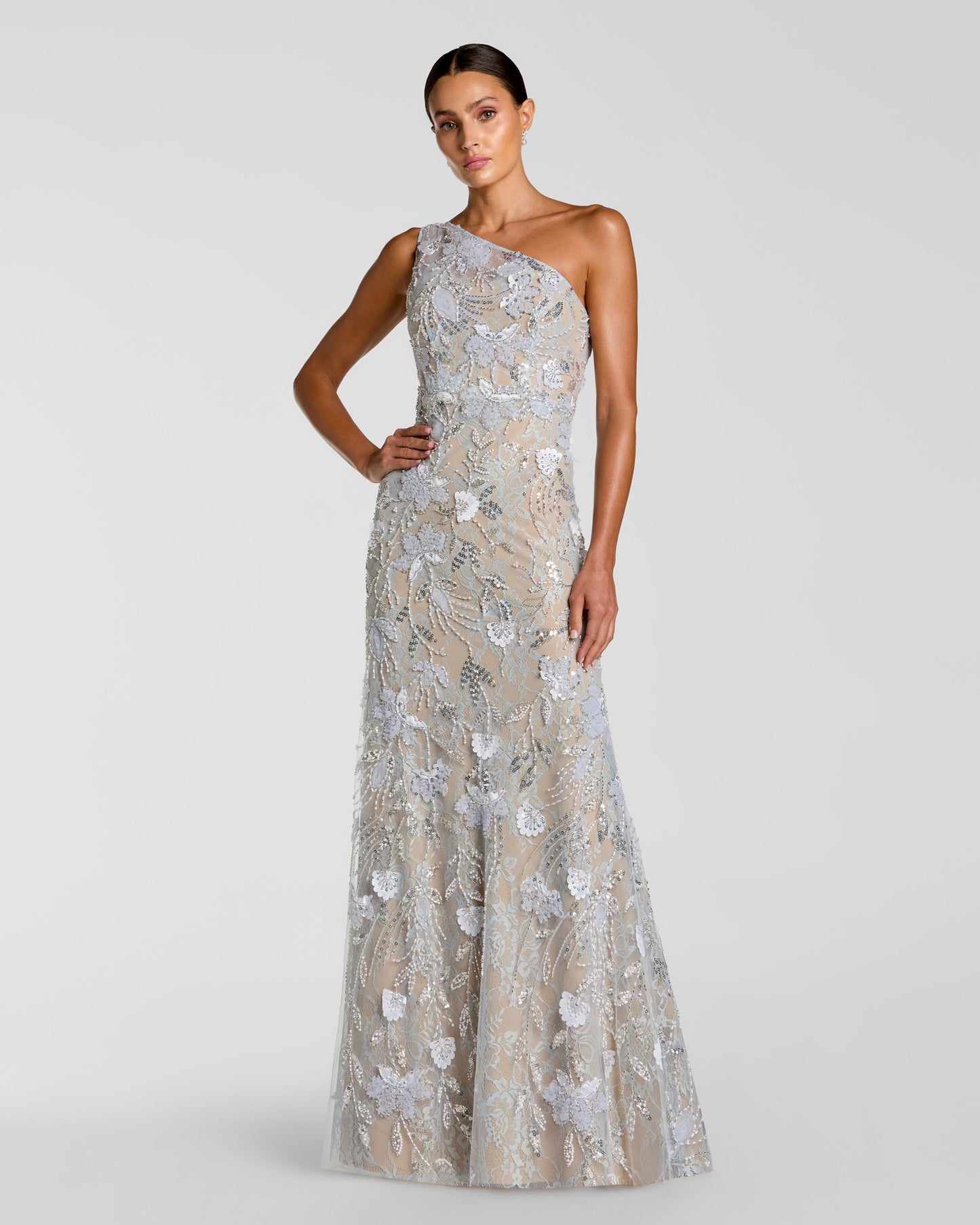 Petite Blue Sleeveless One Shoulder Embellished Lace Gown Mac Duggal