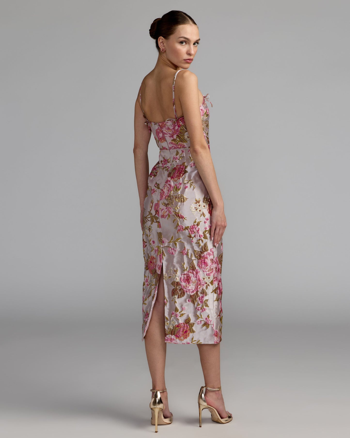 Petite Light Pink Floral Brocade Bow Strap Midi Dress Mac Duggal