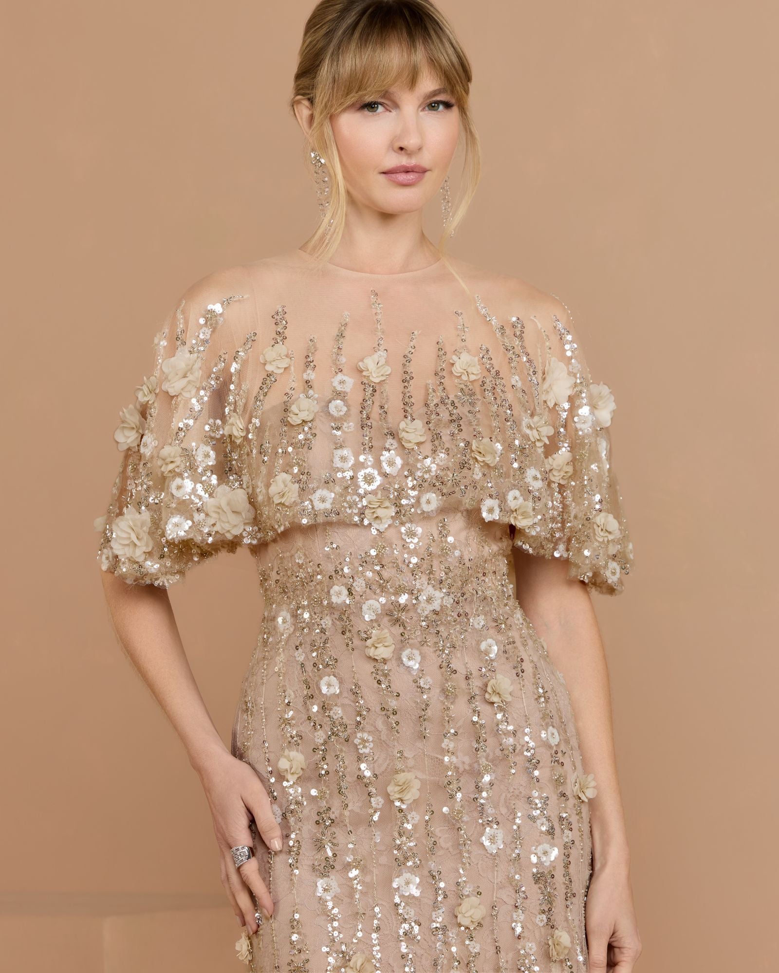 Mac Duggal Collection - Petite Beige Embellished Cape Sleeve Mermaid Gown