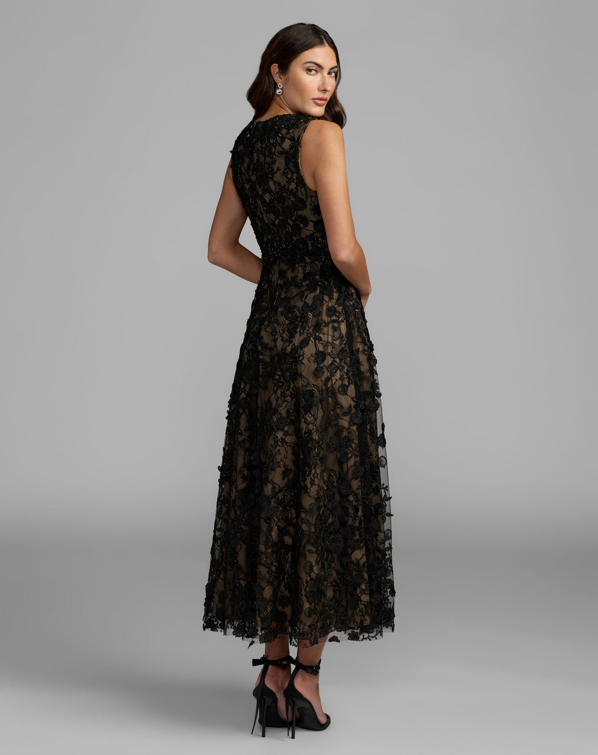 Petite Black Nude Floral Embroidered High Neck Midi Dress - Mac Duggal