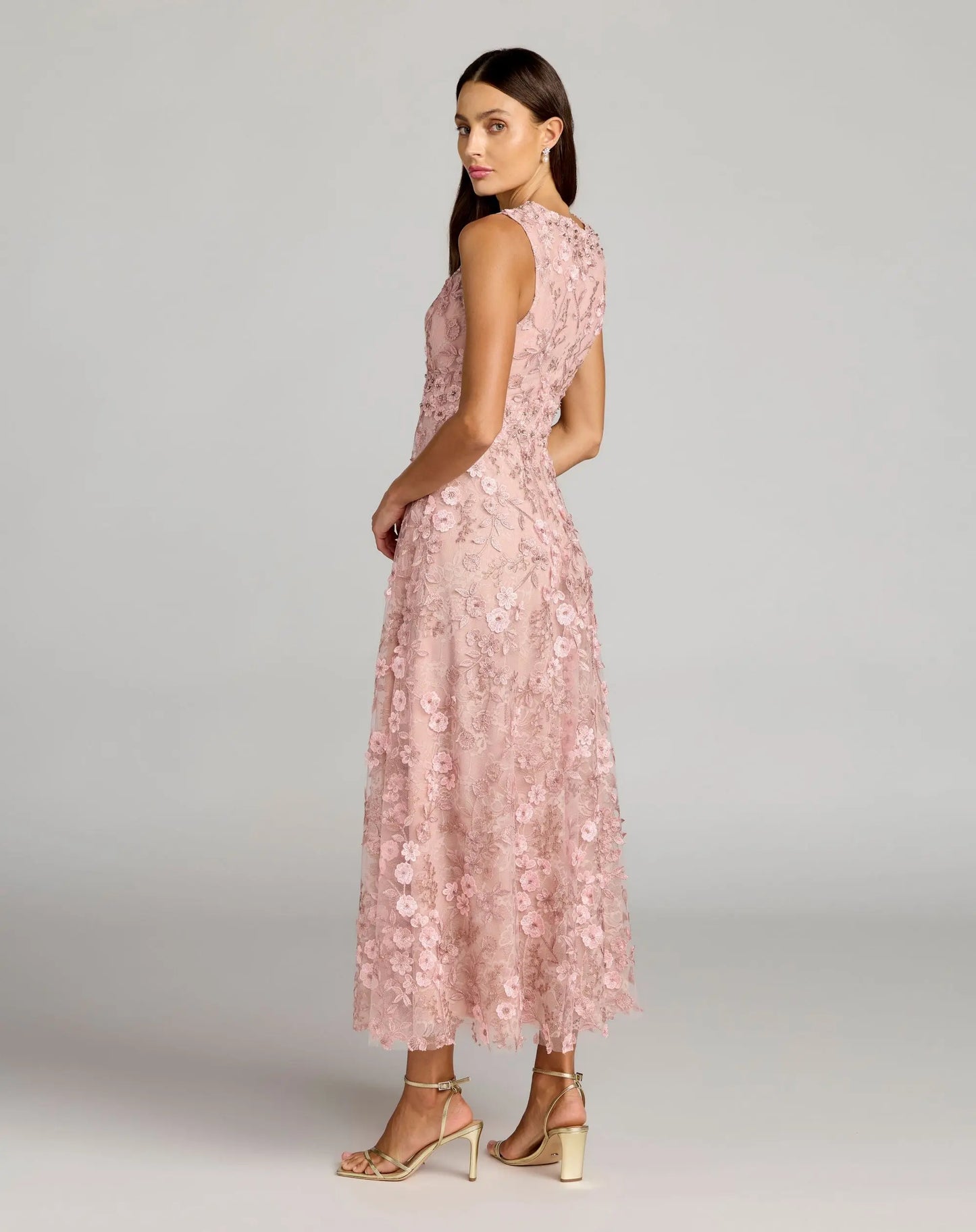Petite Pink Floral Embroidered High Neck Midi Dress - Mac Duggal