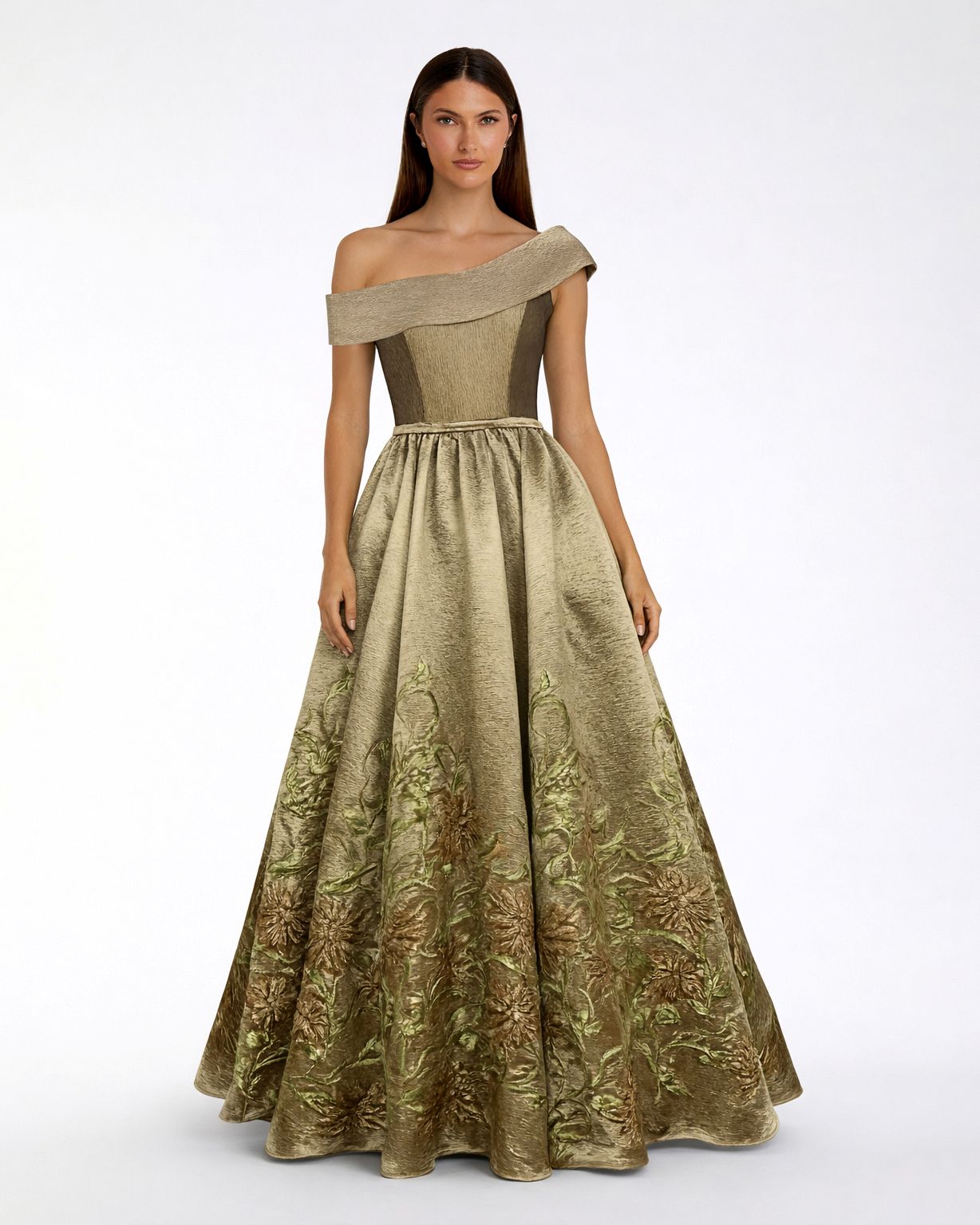 Petite Beige Floral Off The Shoulder Ballgown - Mac Duggal