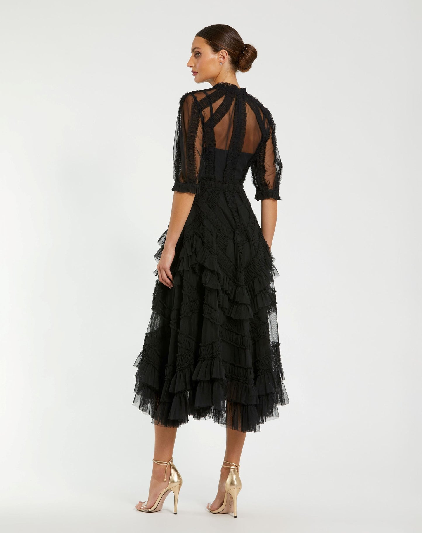 Petite Black High Neck Ruffle Tiered A-Line Midi Dress - Mac Duggal